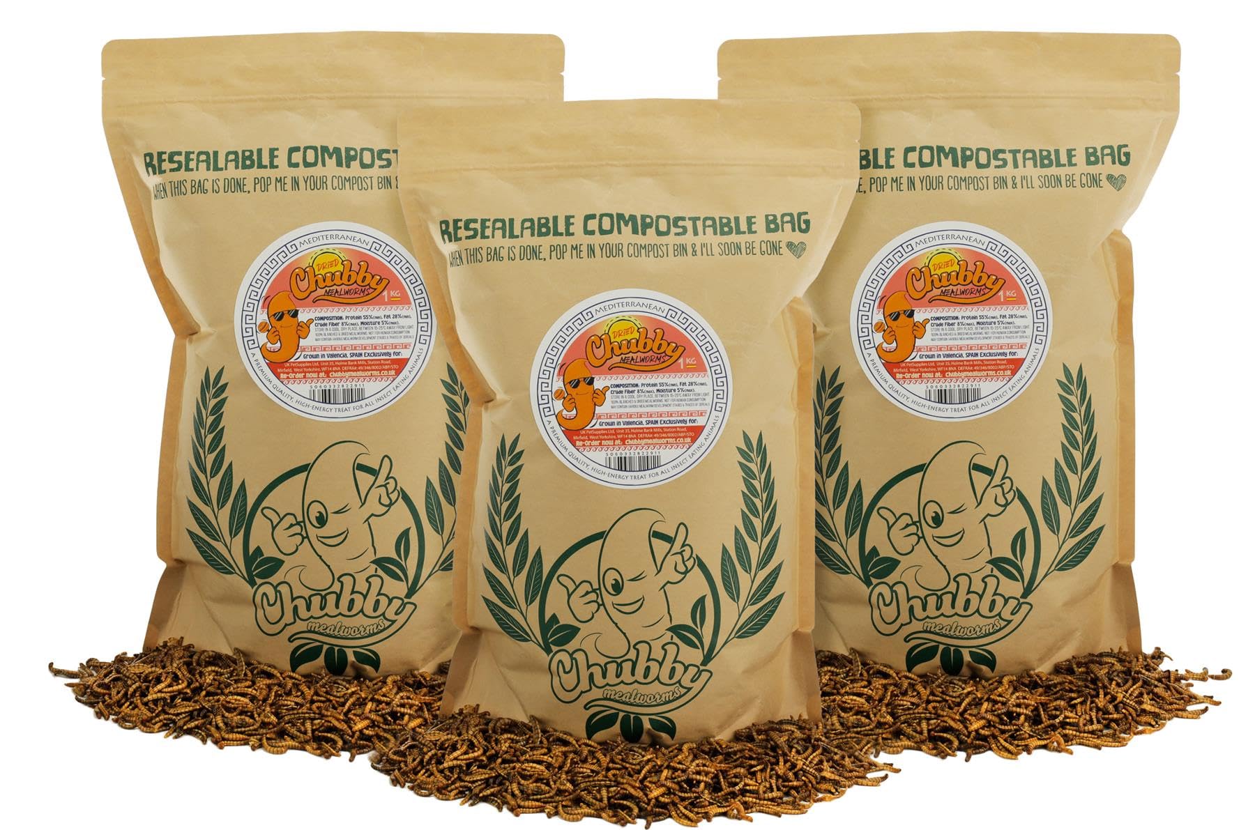 Chubby Mealworms EU Grown Refill Bag (3Kg), Mealworm For Wild Birds, Protein Rich Dried Meal Worm High Energy Dried Mealworms for Wild Birds, Reptiles, Gecko