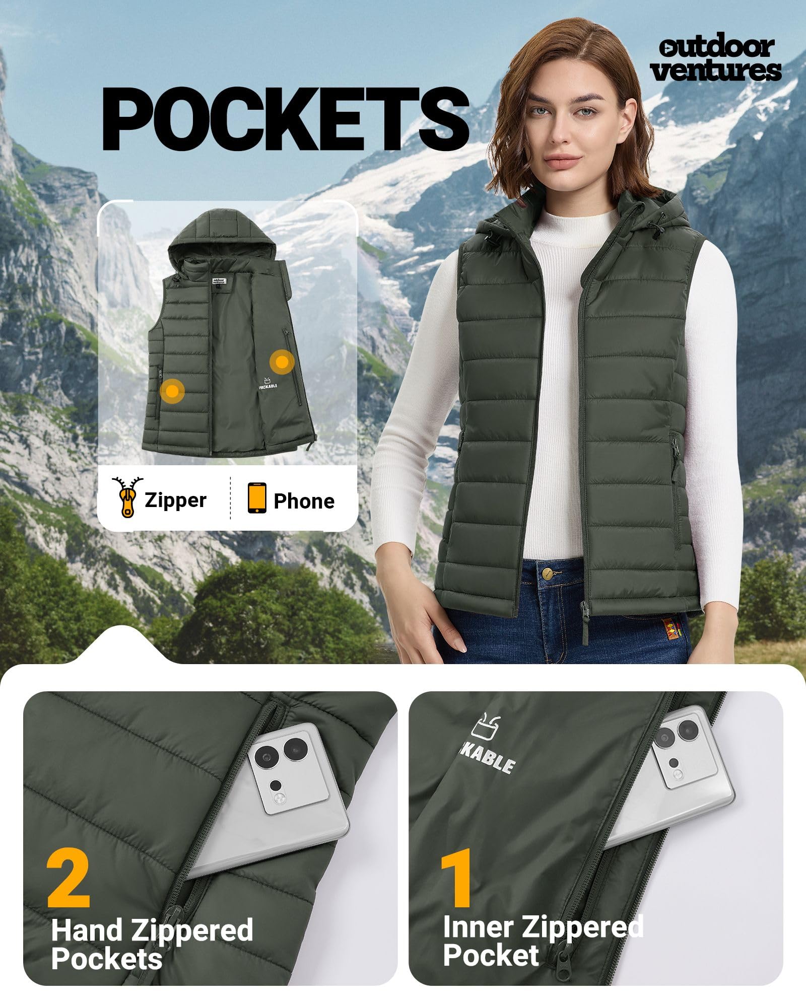 Outdoor Ventures Gilet matelassé à capuche pour femme - Gilet de transition pliable - Veste de sport hybride doublée - Gilet de cyclisme chaud avec col montant
