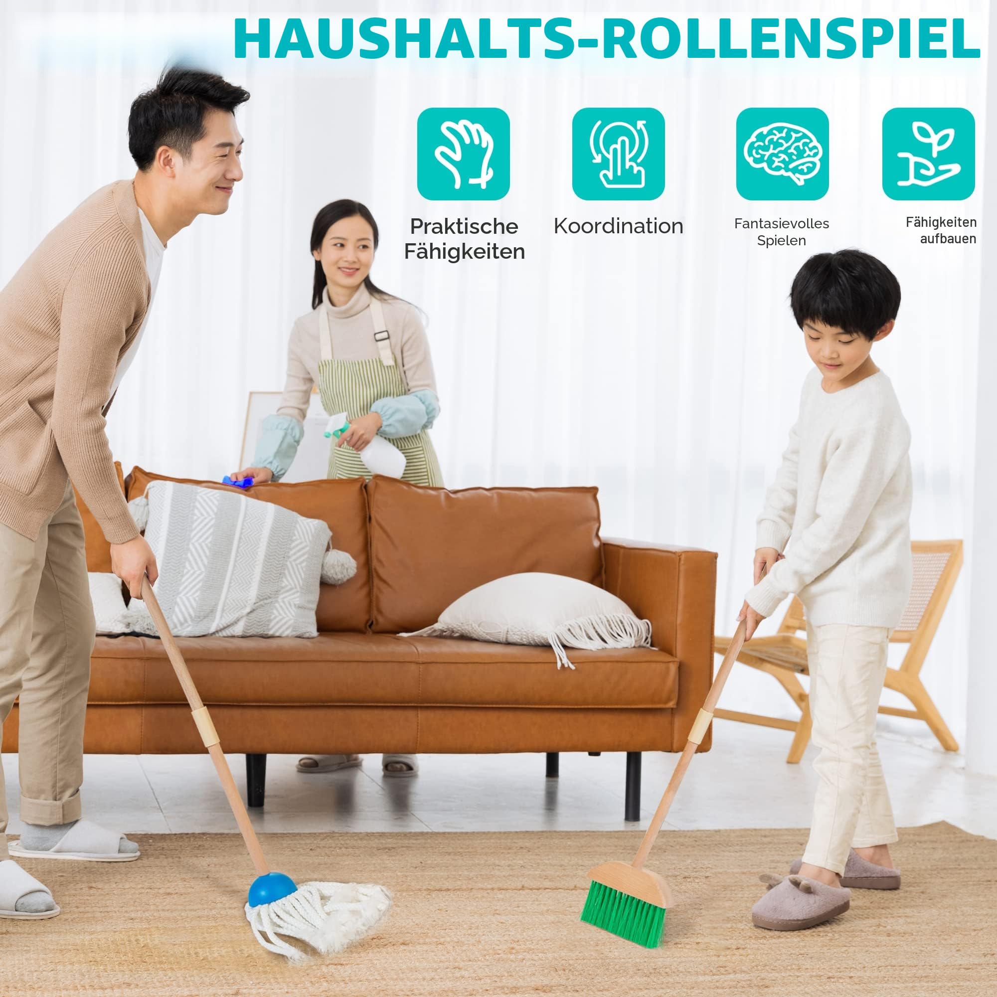 Kinder Holz Reiniungs-Set, 8-teilige Haushaltsspielzeug Rollenspiele Set inkl. Besen Mop Kehrblech Bürsten Lappen Handfeger Ständer, Reinigung Spielzeug für Mädchen Jungen Alter 3-6