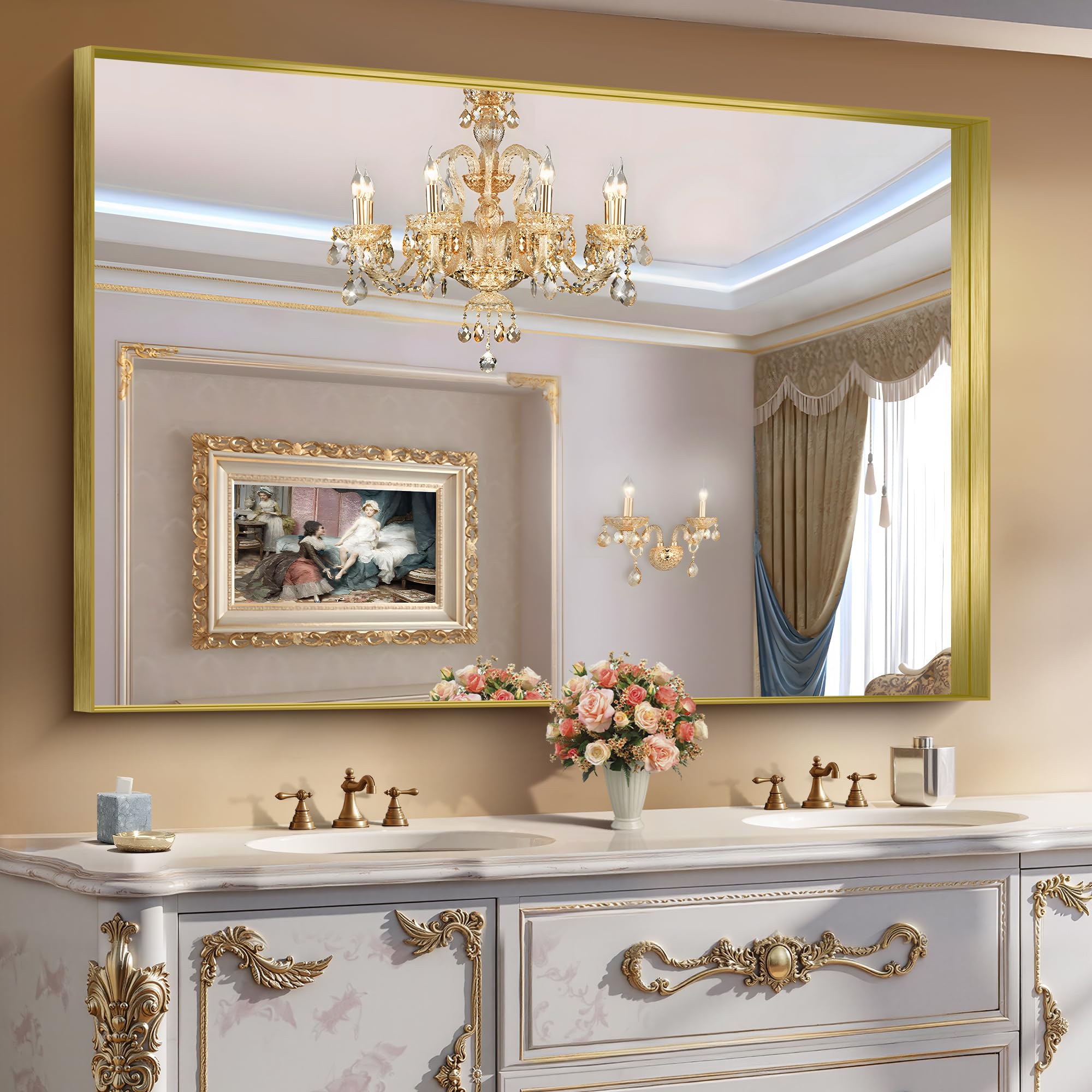 CIRCUMI Gold Bathroom Mirror, 36"x55" Rectangular Mirror with Deep Metal Frame, Brushed Finish, Tempered Glass, Large Mirror for Wall, Over 2 Sinks, Installed Vertically/Horizontally, Crystal-Clear