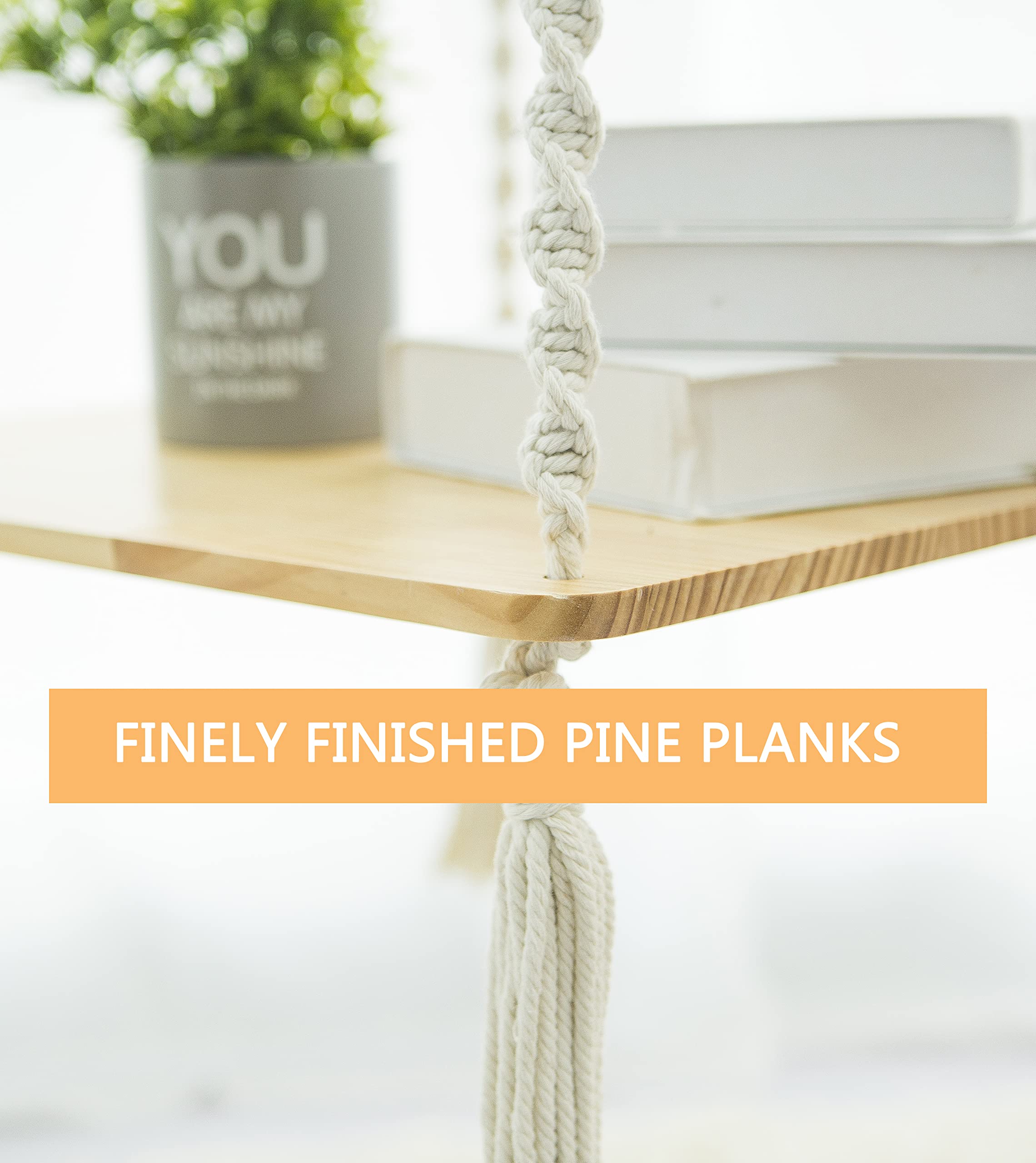 Amdermi Macrame Hanging Shelf Hanging Rope Shelf Indoor with Boho Lamp Shade Floating Square Shelves Decorative Shelf Table Holder Planter Display Rack Boho Home Decor. Ceiling Mount Rope Shelf