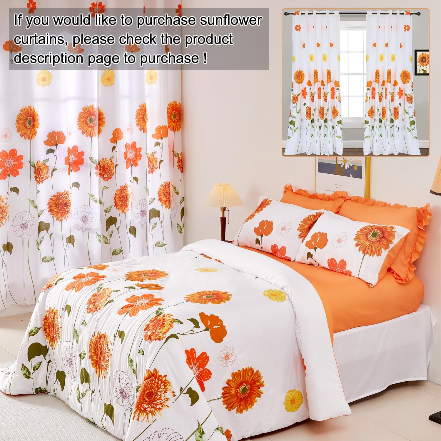 EVENHUG Duvet Cover Queen Size Soft Floral Comforter Cover Set with Zipper Closure Orange Sunflower Flowers Bedding Set for All Seasons 3 Pieces（1 Duvet Cover 90"x90", 2 Pillowcases）