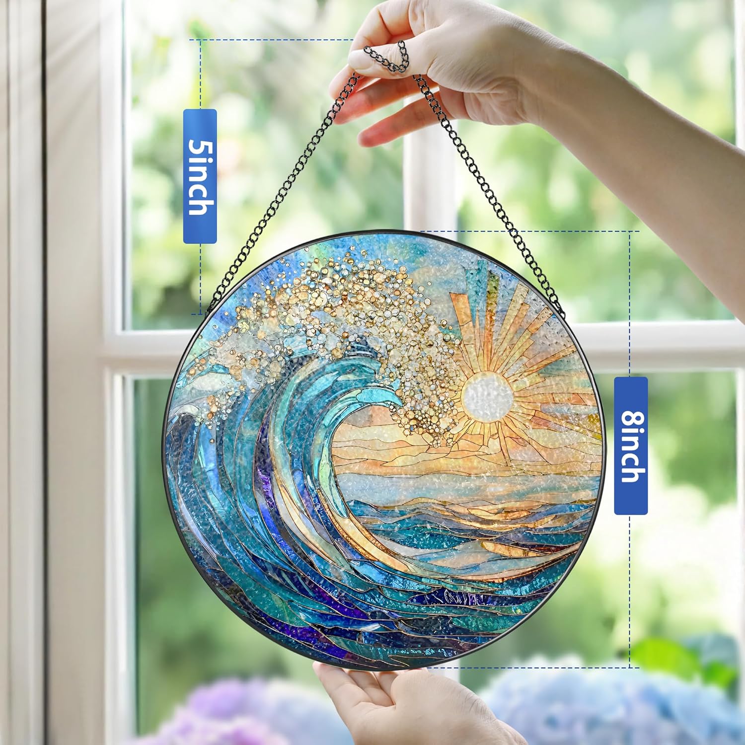 Sea Wave Stained Glass Suncatcher, 8 Inch Ocean Suncatchers for Window Hanging, Beach Lover Gifts, Beach Decor, Coastal Suncatcher, Gifts for Friends, Couples, Family, Colleagues - Image 4