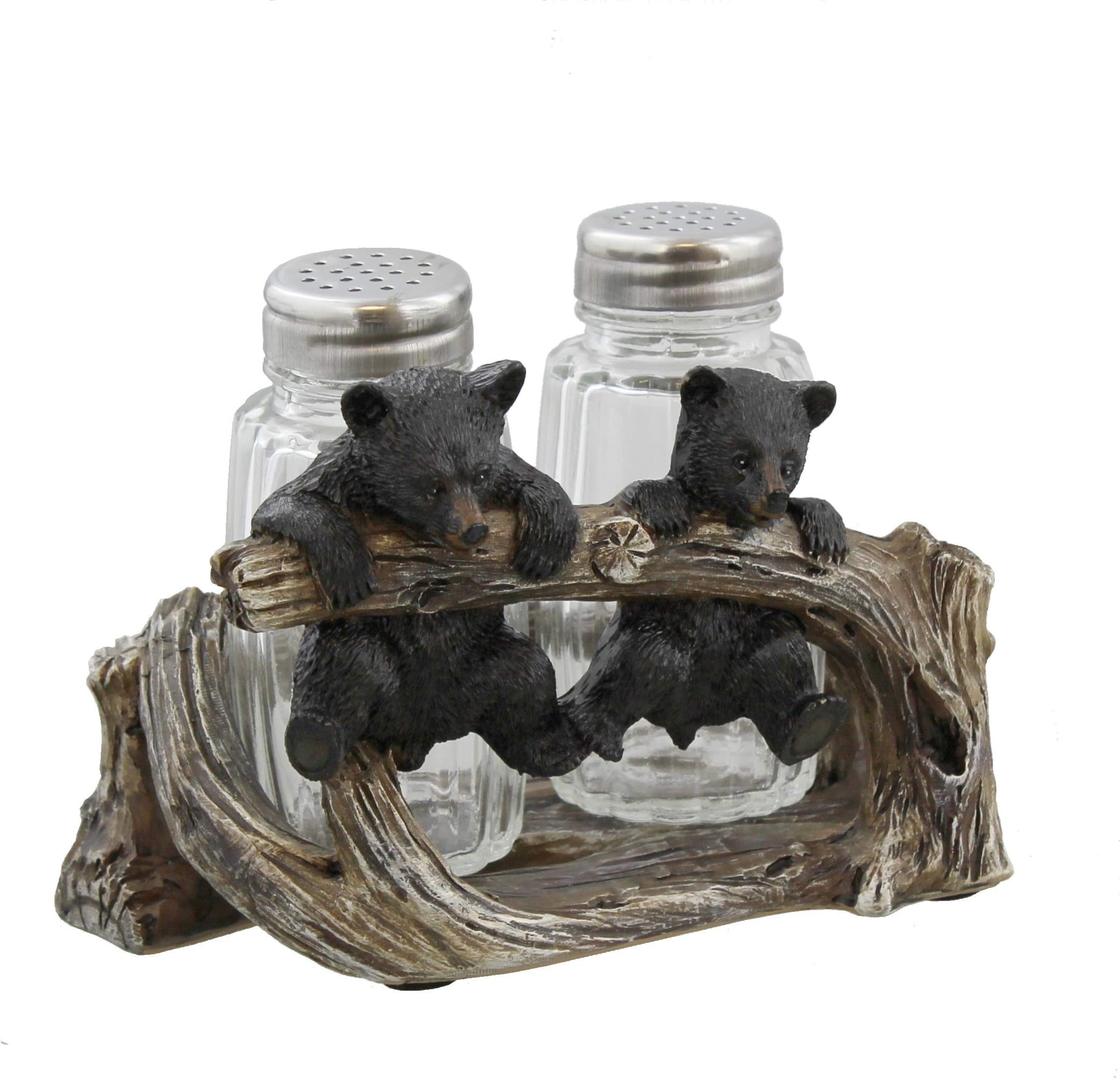 De Leon Collections Polyresin 2 Cute Woodland Black Bear Cubs Playing on Branch Rustic Cabin Salt and Pepper Shaker Holder Set