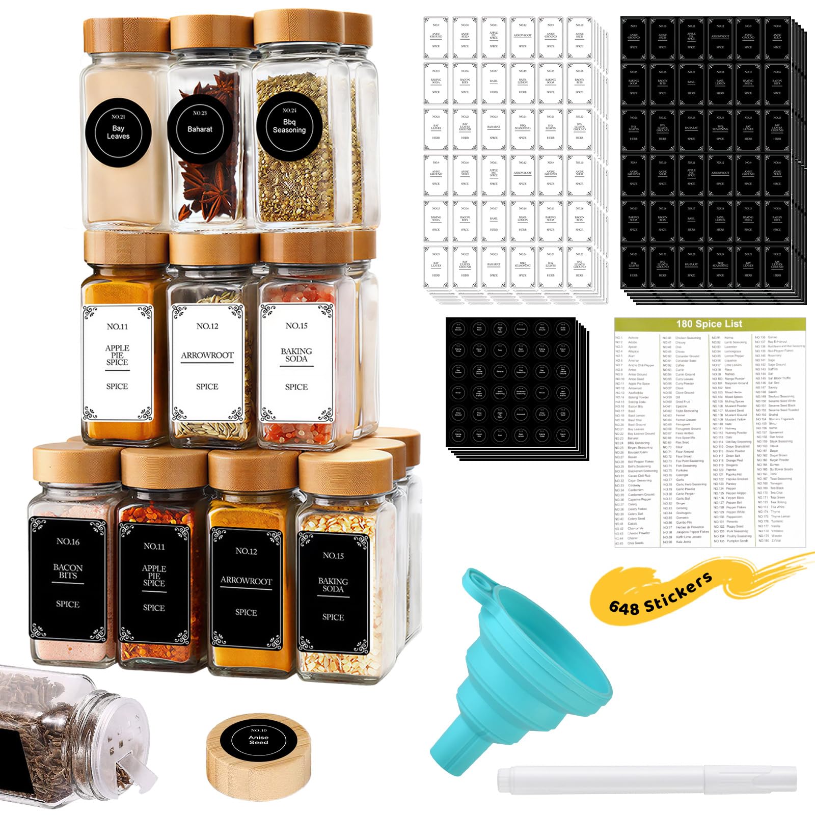 24 Pot à Épices en Verre de 120 ml avec Couvercles, Rangement pour Epices de Cuisine, Bocaux Carrés Hermétiques avec Entonnoir et 648 Étiquettes, Convient pour Le Camping