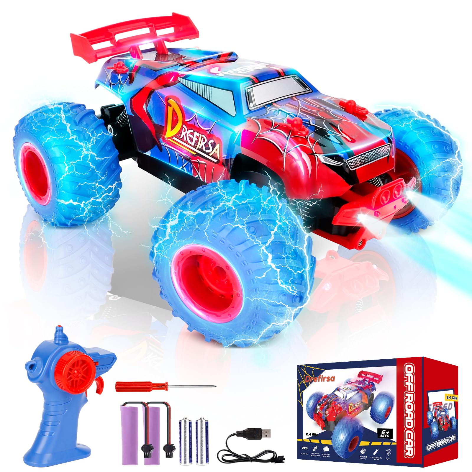 1:18 Spider Remote Control Car for Boys Age 6-12, 20Mph All Terrian Remote Control Monster Truck with Colorful Bodylight, Headlight and High Torque Motor, Birthday Toy Gift for RC Beginners