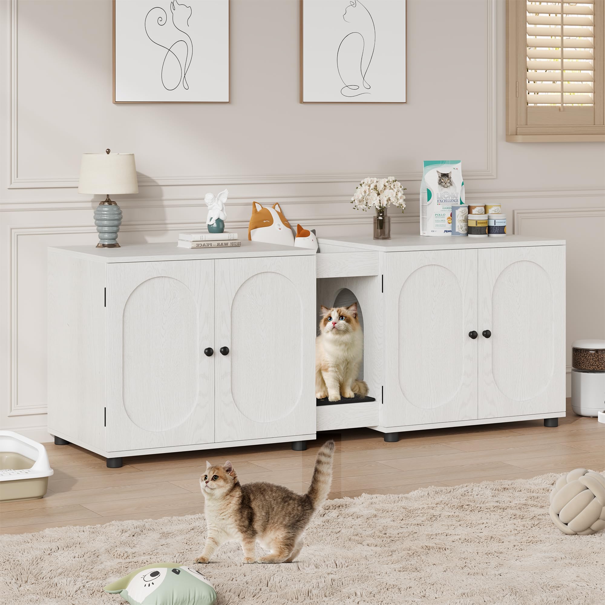 Cat Litter Box Enclosure for 2 Cats, Spacious Wooden Cat House with Removable Litter Pad, Storage & Litter Mat, Hidden Litter Box Furniture with Large Compartments for Living Room, Bedroom