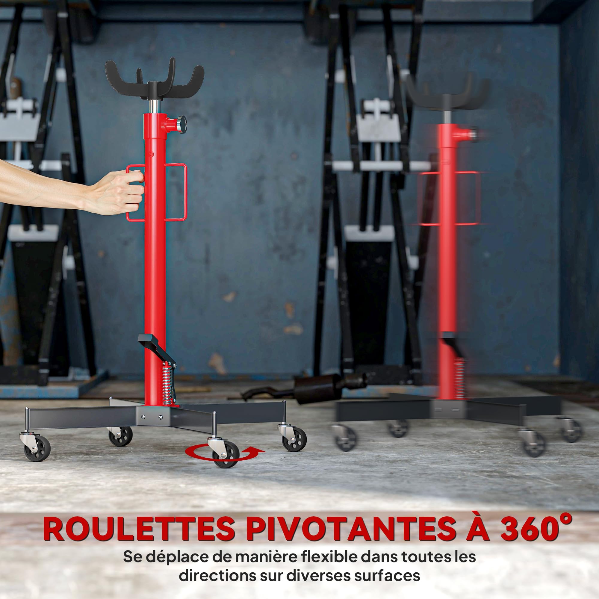 HOMCOM Cric idraulico per cambio, cric di sollevamento in acciaio 500 kg, altezza regolabile 110-191,5 cm, cric idraulico per cambio 4 ruote, pedale, per auto, rosso
