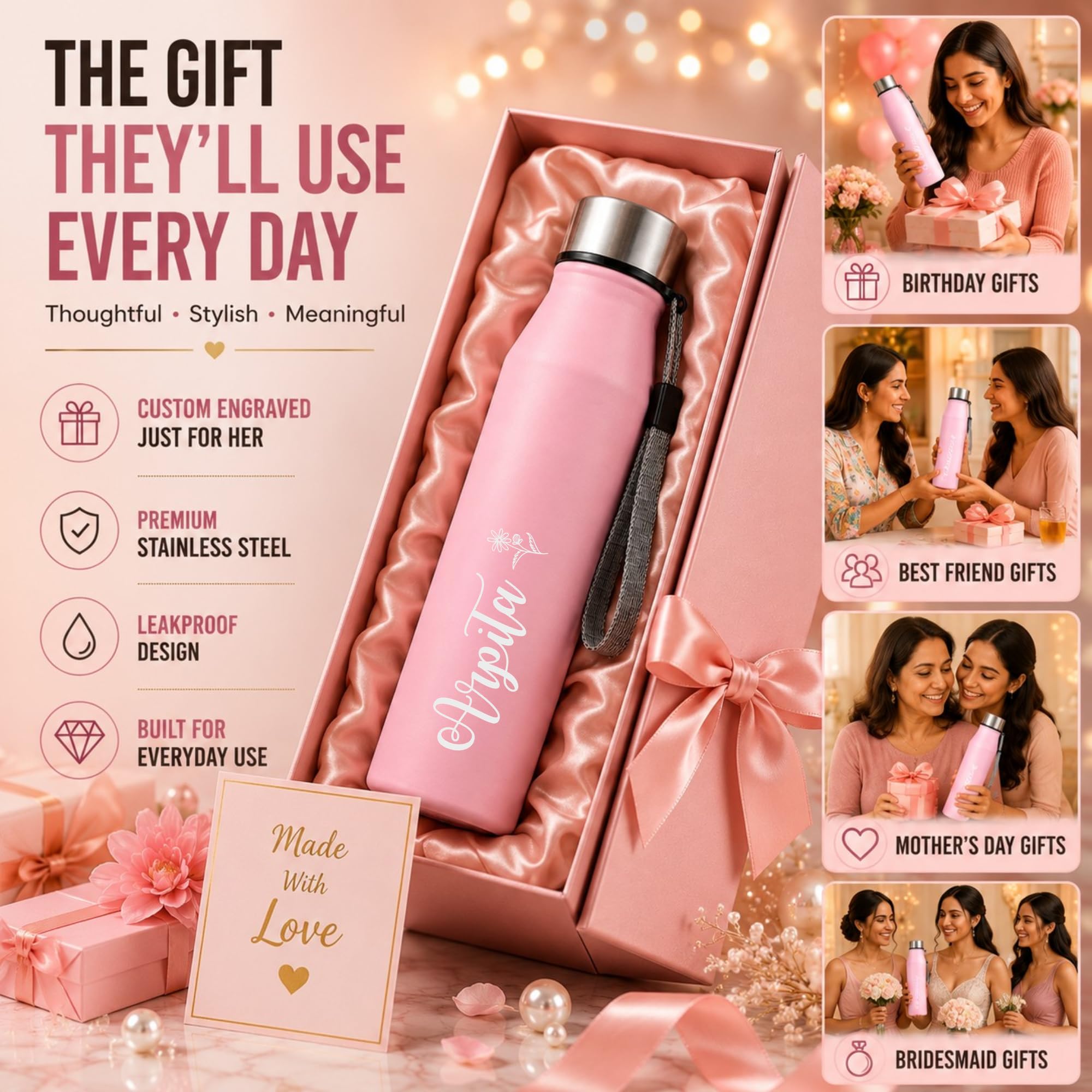 Personalized Name Engraved Water Bottle 1 Litre (Pink)| Custom Laser Engraved Stainless Steel Bottle |Leakproof Water Bottle with Carry Loop for Gym, Office & School |Gift for Kids, Men & Women. — Amazon image 3
