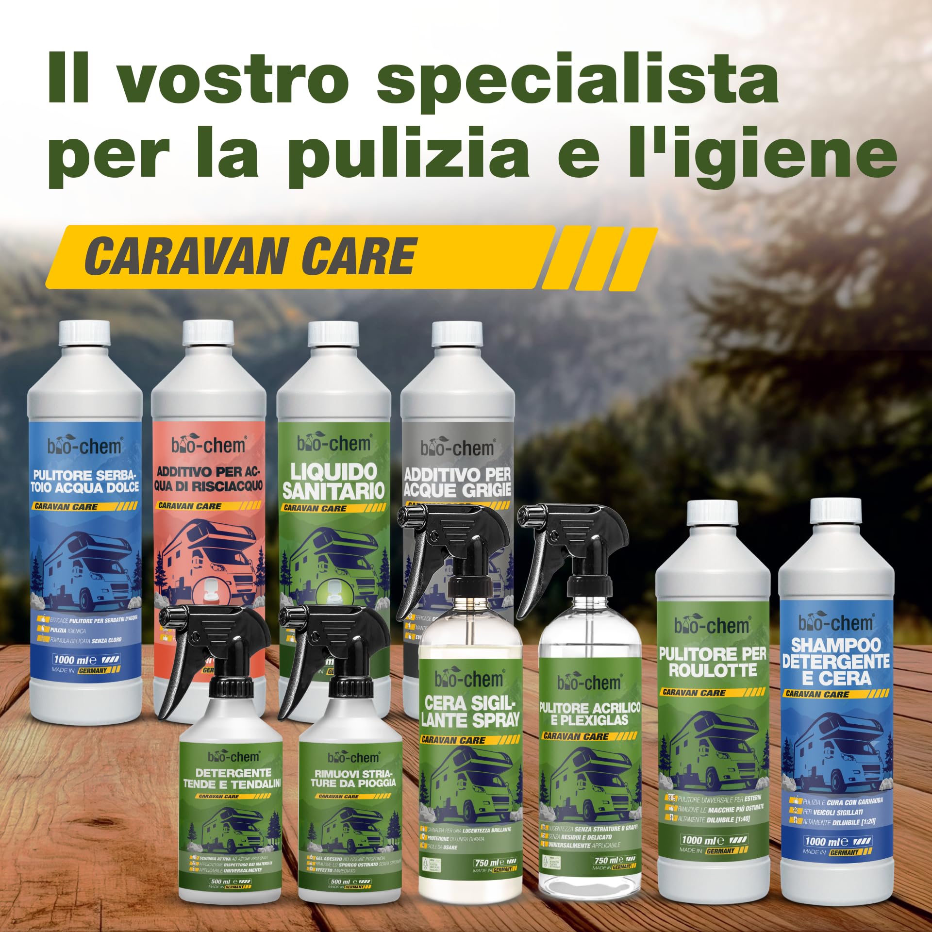 bio-chem - Set di Prodotti detergenti per WC di Camper e roulotte - Liquido Sanitario 1L e Additivo Sanitario 1L - Nuova Formula con microrganismi per WC chimici da roulotte