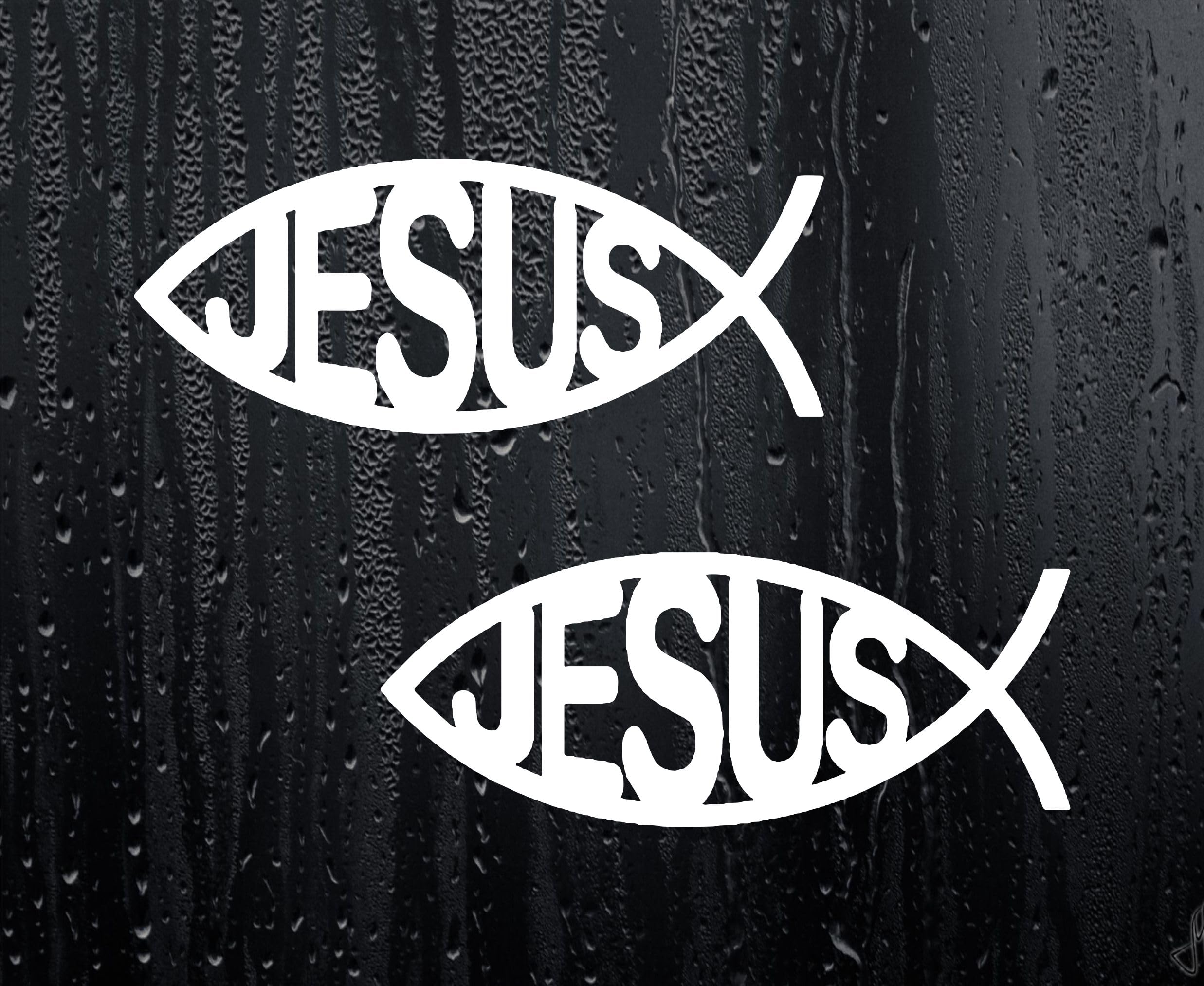 Decalarama White 2X Car Van Stickers Jesus Ichthys Text Fish Christian Symbol Religious Window Bumper Boot Door Decals