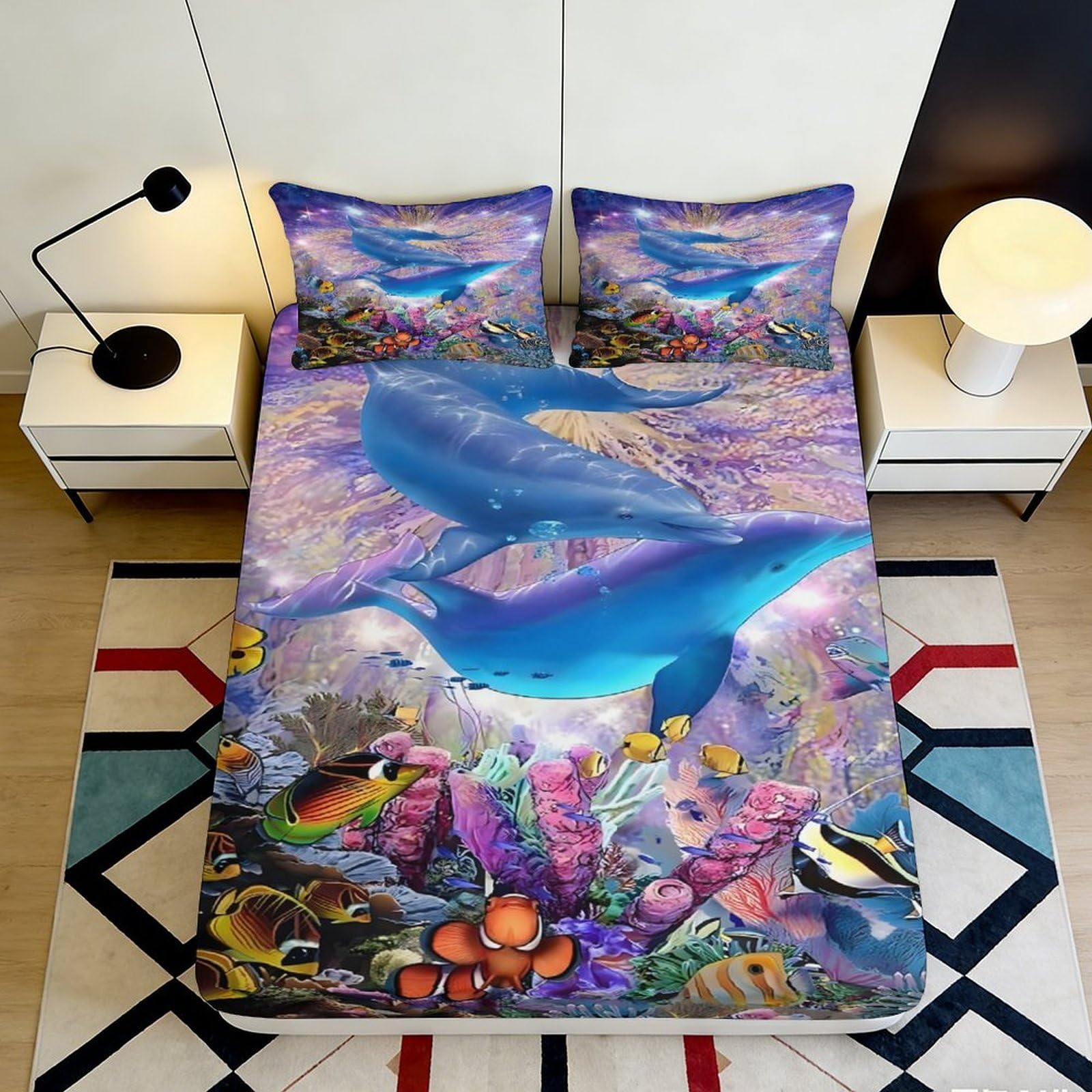 3D Printed Ocean Whale Fitted Sheet Microfiber Soft Breathable Coral Reef Bed Cover for Bedroom Dorm Mattress Decor 90x200x25cm