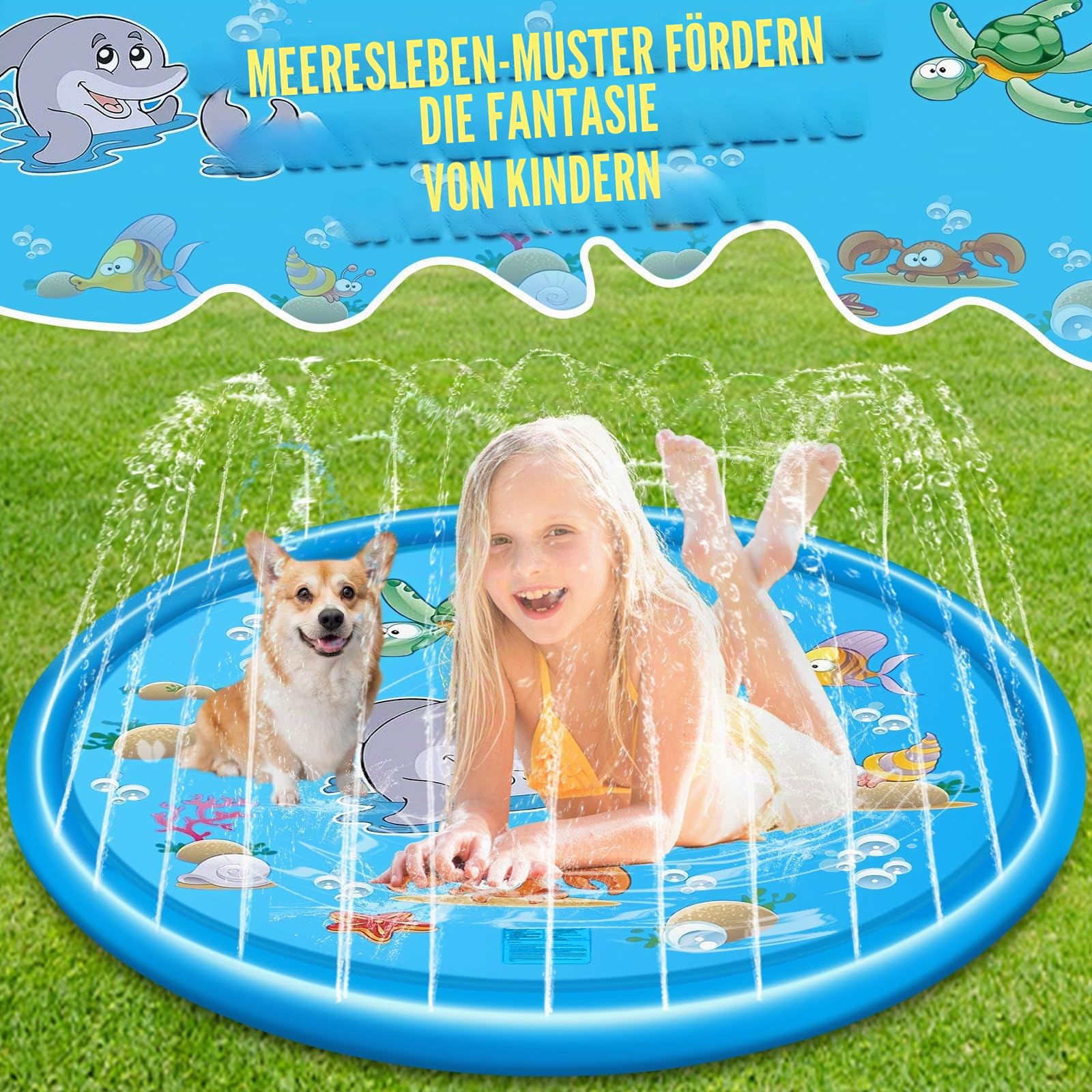 Splash Pad 170cm Anti-Rutsch Sprinkler Matte, Faltbarer Splash Sprinkler Pad, Sprinkler Play Matte für Kinder und Haustiere für Sommer, Garten, DraußEn