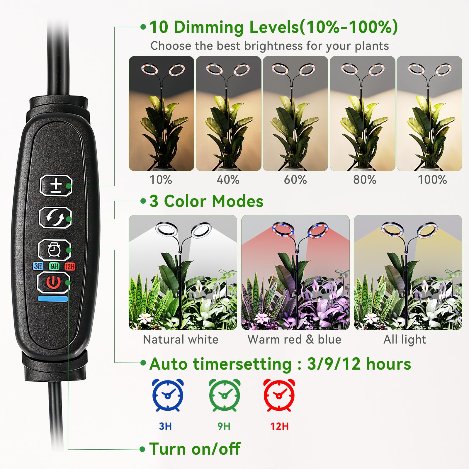 luz crecimiento plantas interior con LED,Lámpara de cultivo con soporte,3 modos, 10 brillos100-170 cm Ajustes del temporizador de 3/9/12 horas Cabezal de lámpara ajustable en 360°