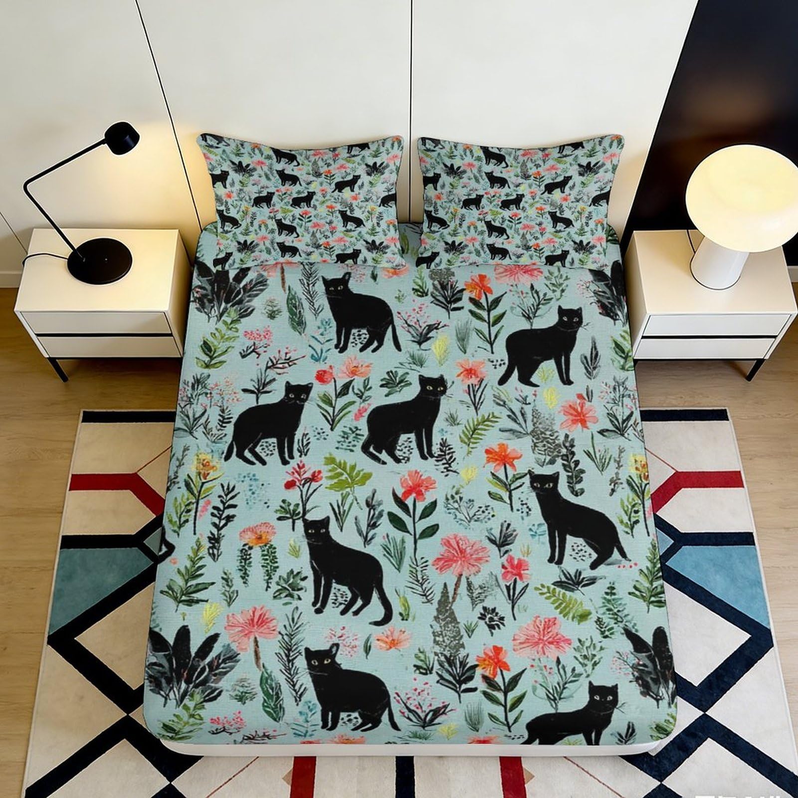 3D Printed Panther Botanical Fitted Sheet Microfiber Deep Pocket Bedroom Bedding Non-Slip Panther Mattress Fitted Cover Washable 200x200x25cm 90x200x25cm