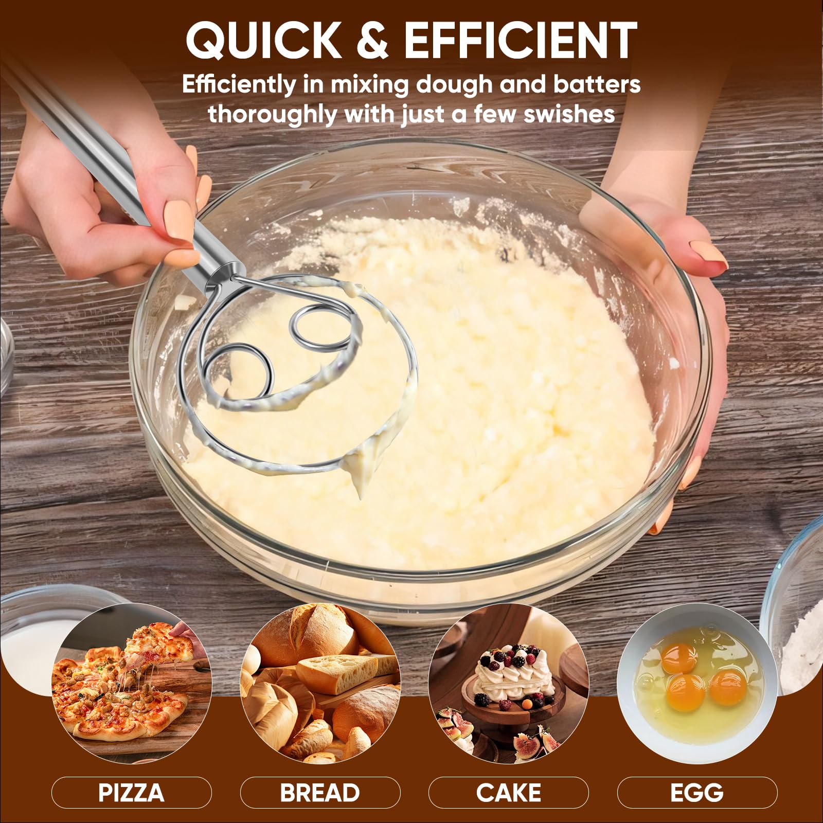 Maxjoy Batidor de masa danés, batidor de pan con gancho de acero inoxidable, batidor tradicional holandés, herramienta manual mezcladora de masa y herramientas y suministros para hacer pan de masa
