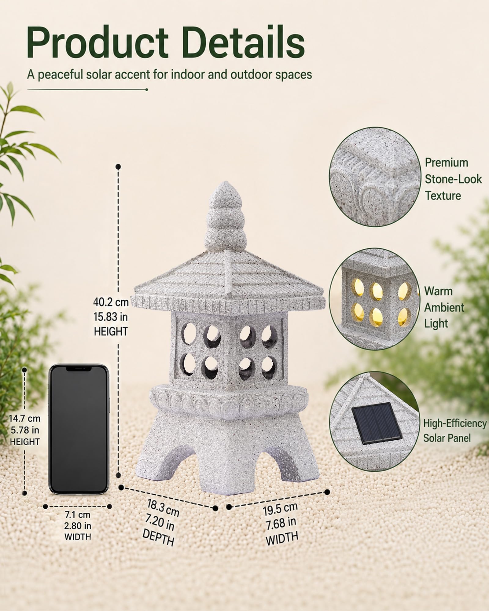Yeomoo Pagoda solar con iluminación LED decorativa grande – piedra zen decoración de jardín de resina para jardín, terraza e interior – resistente a la intemperie, figura de jardín zen regalos para