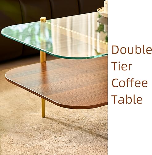 Miniatura 15 de Saint Mossi Tadio - Mesa de centro de vidrio de doble capa para sala de estar, estante inferior de MDF marrón y café Vidrio marrón y marrón