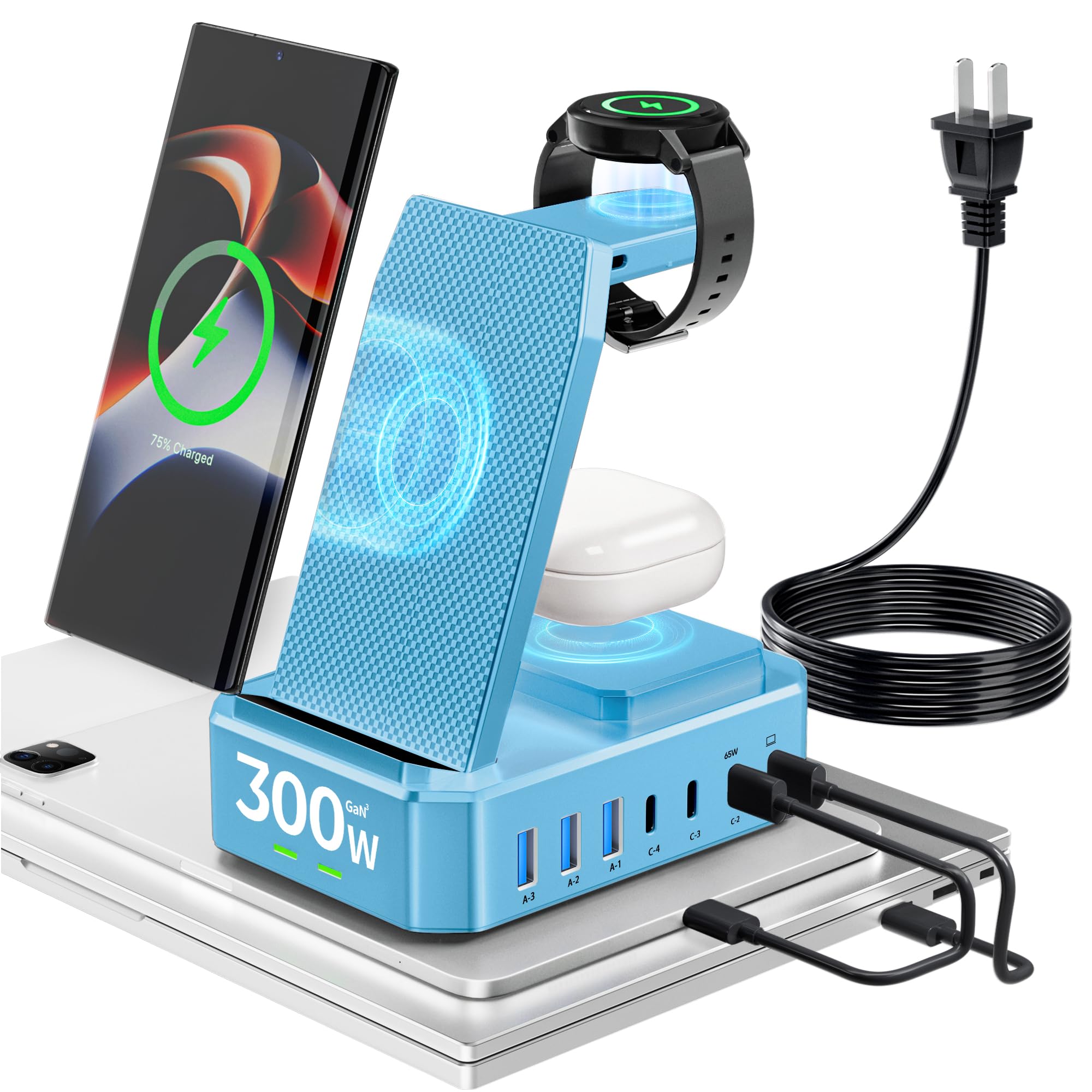 Chargeur sans fil 300 W pour Samsung, zutspzss Station de charge sans fil 10 en 1, support de charge rapide USB C 65 W pour Samsung S25 Ultra/S24/S23/S22/Z Fold, Galaxy Watch Ultra7/6/5, Galaxy Buds