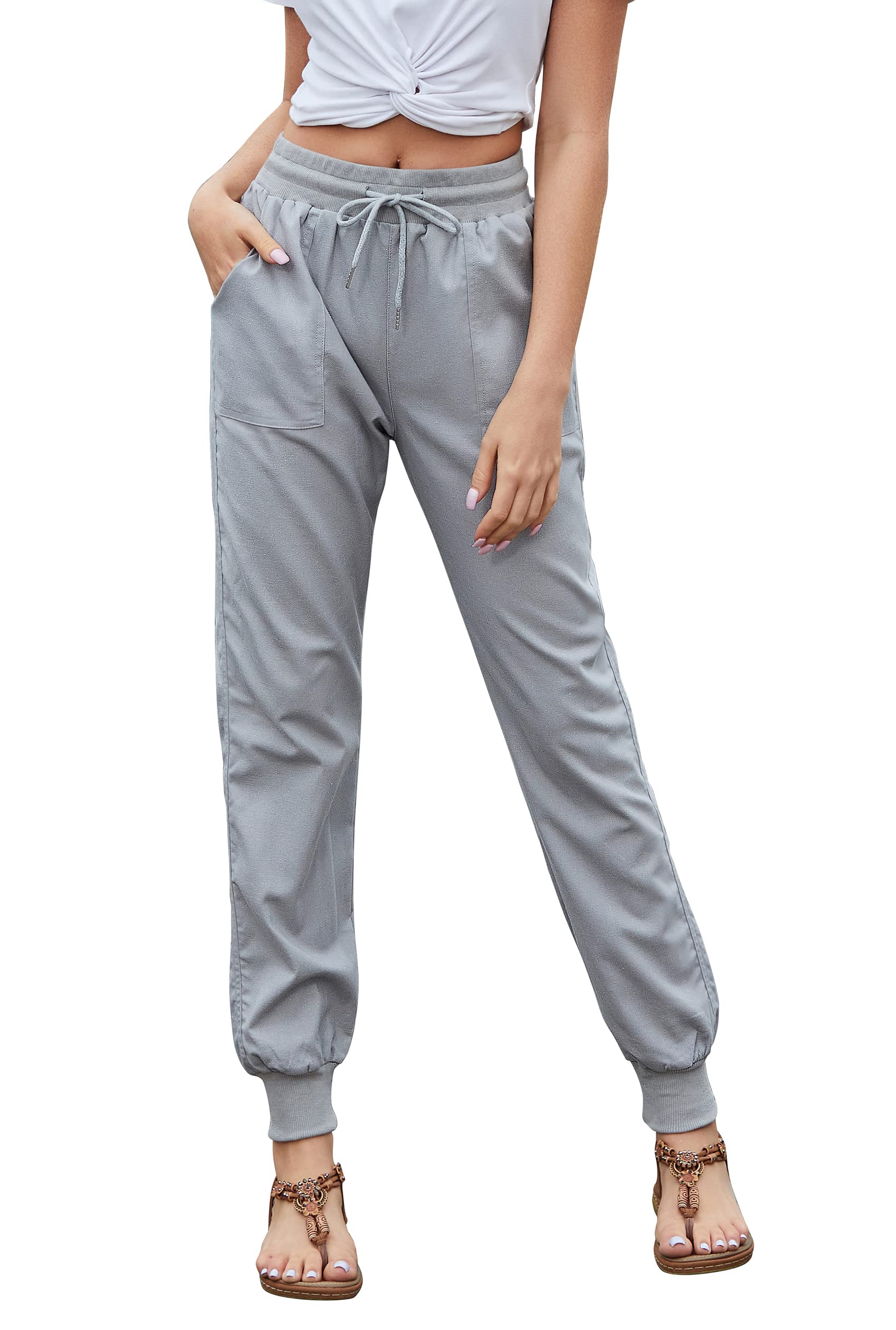Hose Damen Sommer Casual Baumwolle Leinen Stoffhose Einfarbig Freizeithose Stretch Leicht Leinenhose Straight Leg Hose und Taschen