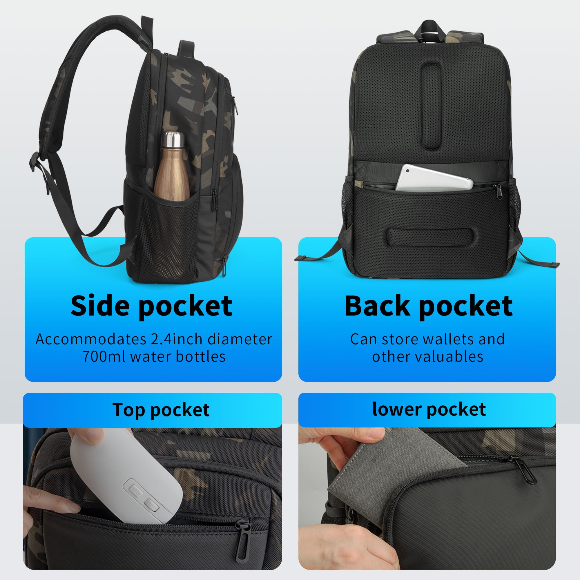 BJIAX 35 Litri Impermeabile 15.6 Pollici Zaino Uomo per PC Portatile con Caricatore USB Zaino da lavoro per Laptop, Computer, Notebook, Viaggio Regalo Uomo - Camouflage