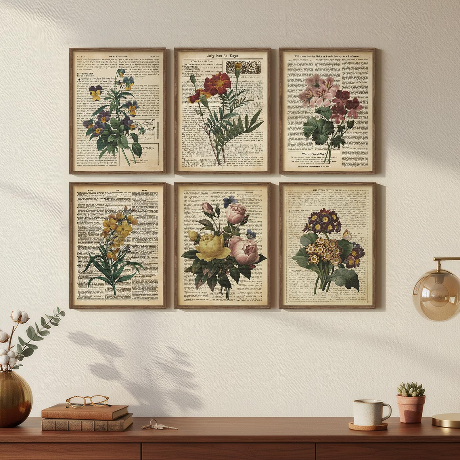Framed Vintage Floral Wall Art, Set of 6 Colorful Flower Canvas Prints, Rustic Farmhouse Botanical Artwork for Bedroom Living Room Kitchen Dining Room Hallway Office Apartment Home Decor, 11x14 Inch