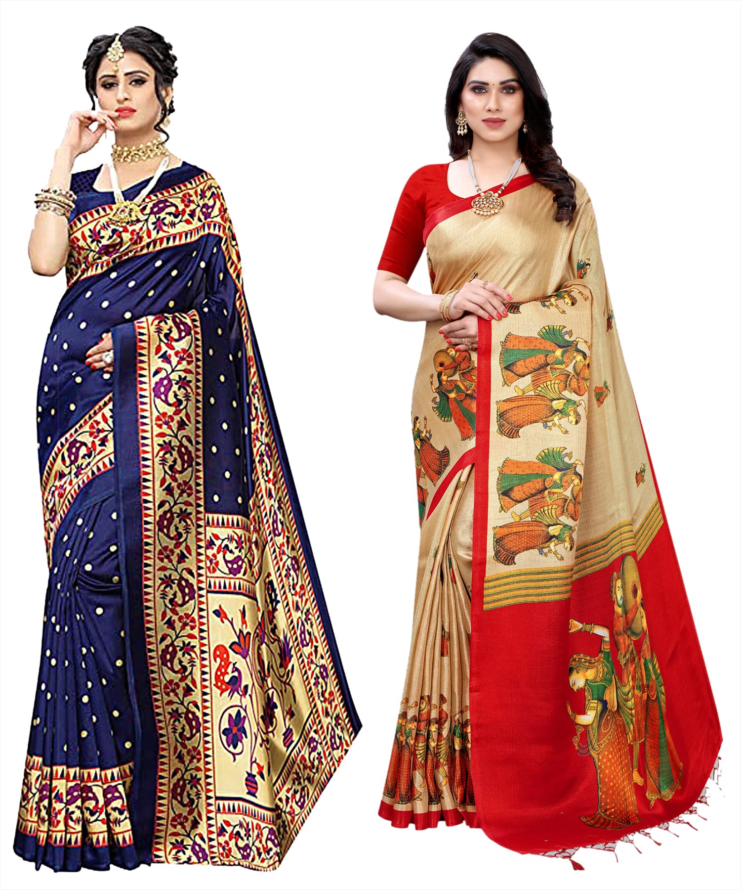 yashika Women's Combo Art Silk Printed Saree With Blouse Piece Pack Of 2(MATWALI NAVY-RAJARANI CHICKU)-picture-14