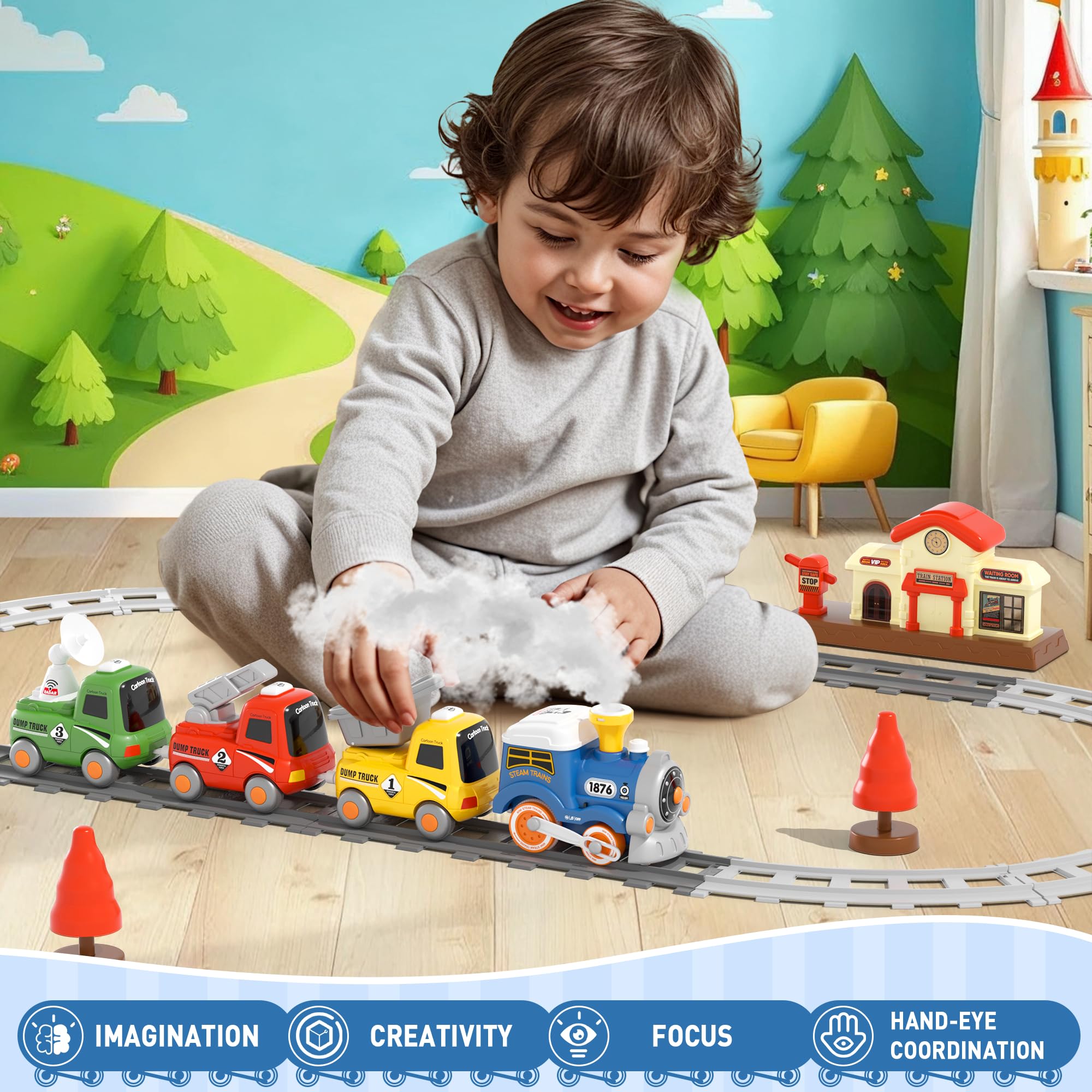 MORECOLL Ensemble de train pour tout-petits avec vapeur, musique et lumières – Train Choo Choo pour tout-petits, ensemble de train électrique pour enfants, jouets de train magnétiques, cadeaux de Noël