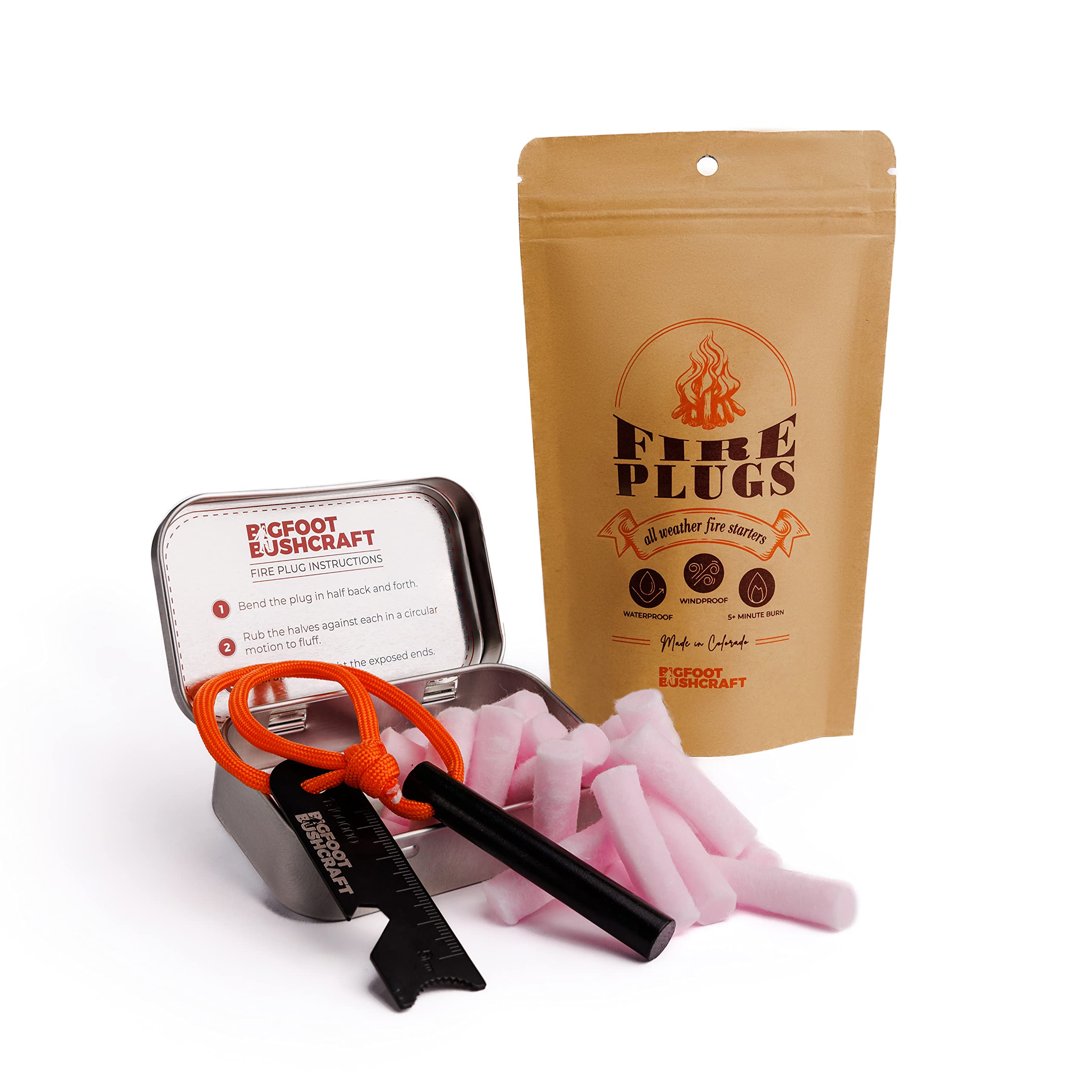 Bigfoot Bushcraft Complete Mini Fire Starting Kit - Waterpoof, Windproof, 5+ Minute Burn - Includes 16 Fire Plugs, Hinged Travel Tin, and Mini Ferro Rod Set