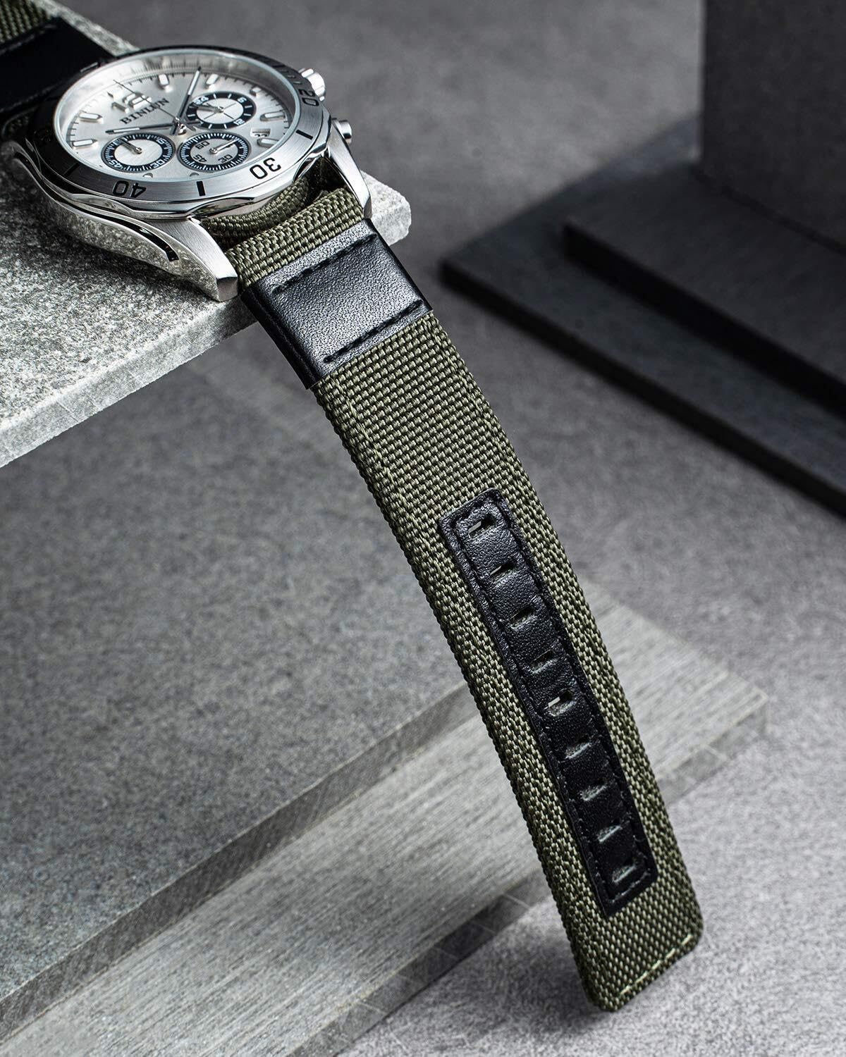 Correas de reloj, Correa de reloj híbrida lona y cuero genuino(Green,18mm)