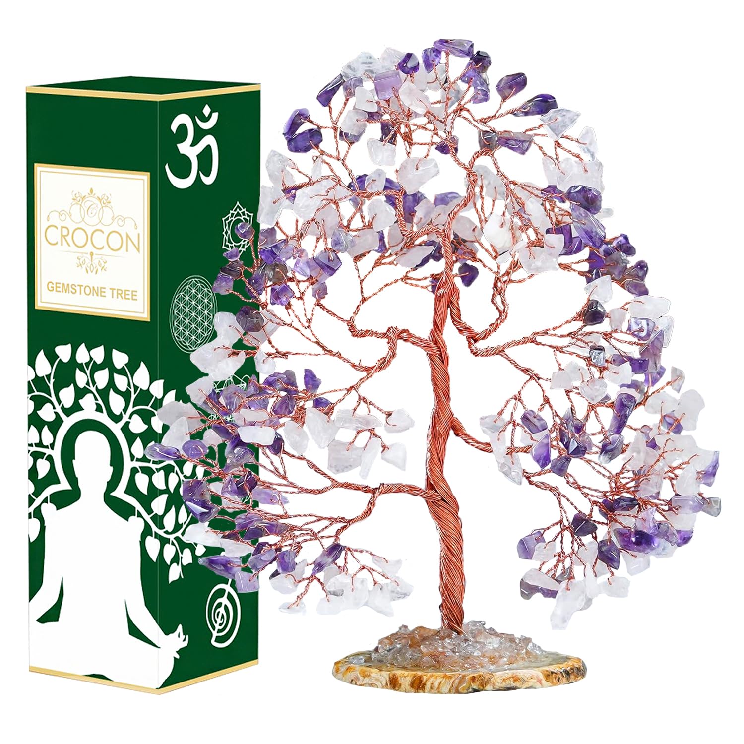 Crocon Árbol de Piedras Preciosas de Cuarzo Rosa y Amatista con Base de ágata geoda, árbol de la Vida de los Chakras Hecho a Mano, Piedra curativa para el Amor incondicional, sabiduría Espiritual