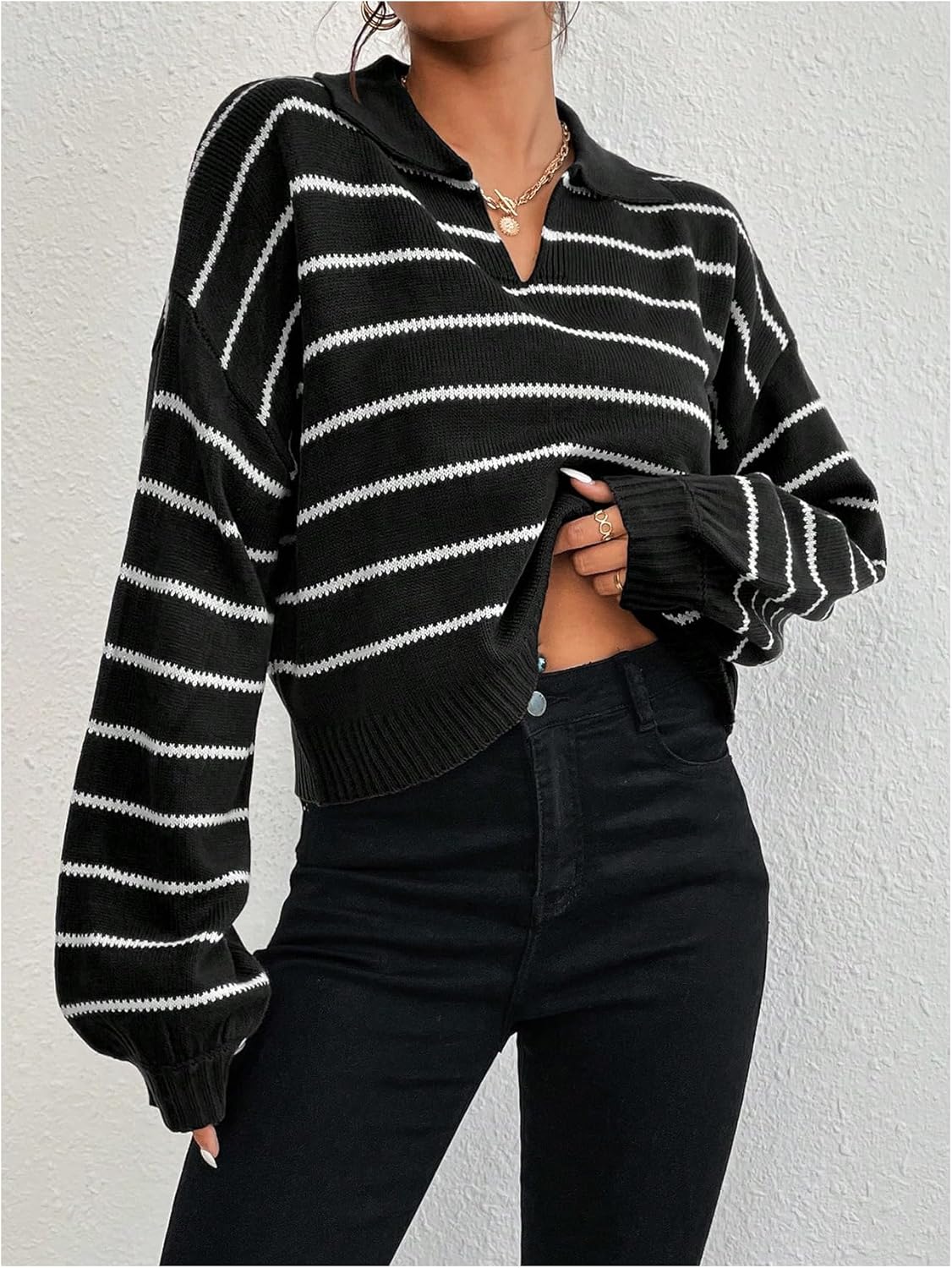 OYOANGLE Women's Striped Knit Sweaters Lapel V Neck Long Sleeve Crop Pullover Jumper Tops - Image 2