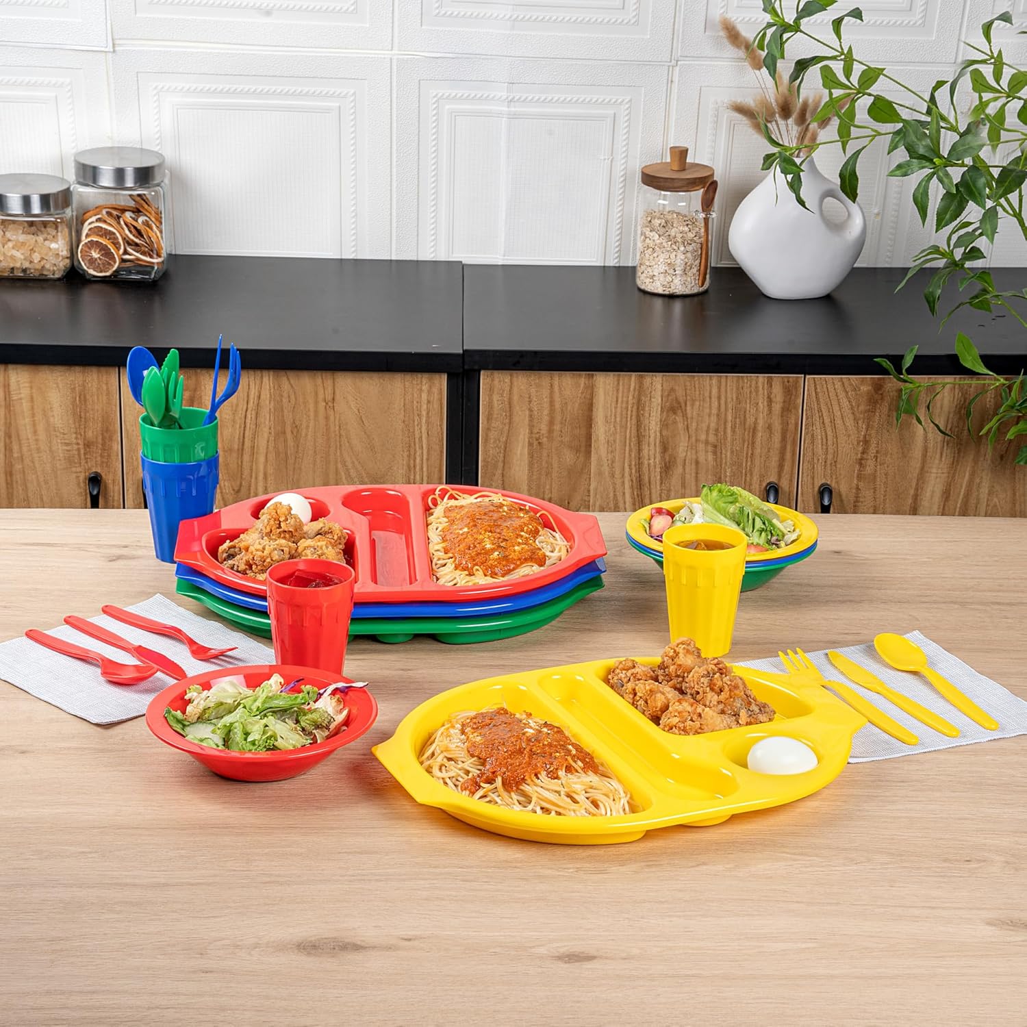 Restaurantware Dinnerware Set 12 Count 8.5 x 4.73 Inch Plastic Dining Set Forks Spoons Knives Bowls and Trays, Reusable Dishwasher-Friendly Assorted Colors Microwave-Safe Stackable Cups