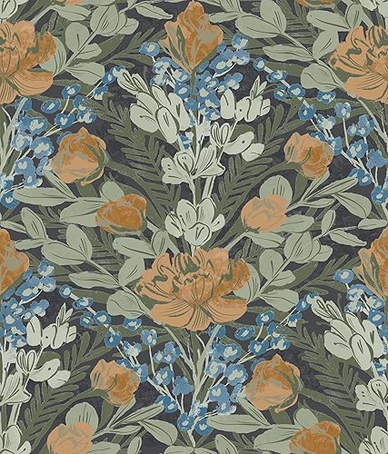 Dark Multi Moody June Blooms - Papel tapiz para despegar y pegar, color azul