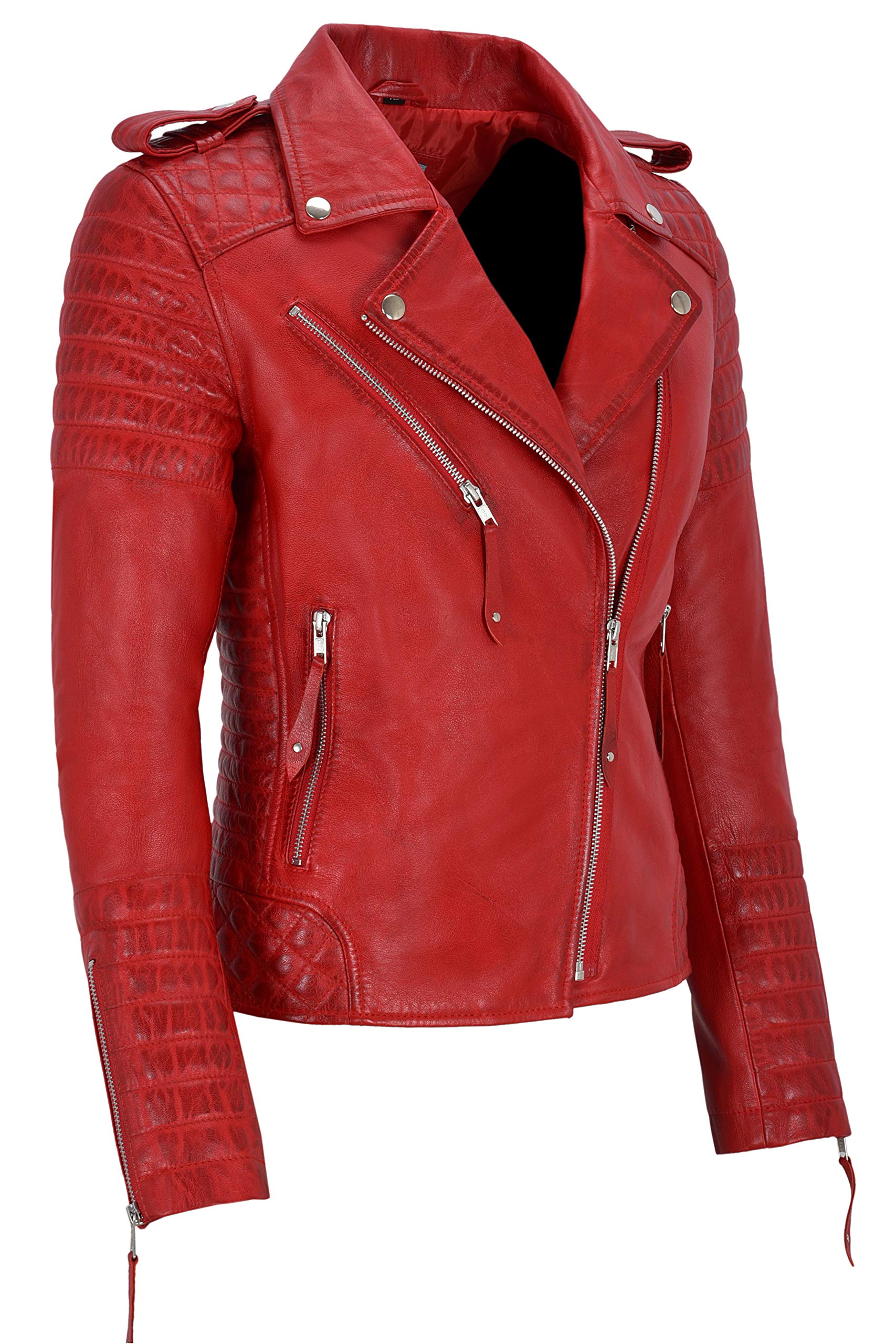 Chaqueta de cuero para mujer, clásica, estilo motero, piel de cordero real, 2260 Rojo rosso 36 ES/Busto 74 cm