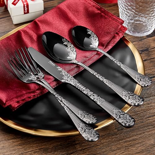 Miniatura 6 de Fivent Juego de cubiertos de damasco floral rosa negro 20 piezas incluye 8 cucharas 8 tenedores 4 cuchillos acero inoxidable apto para lavavajillas