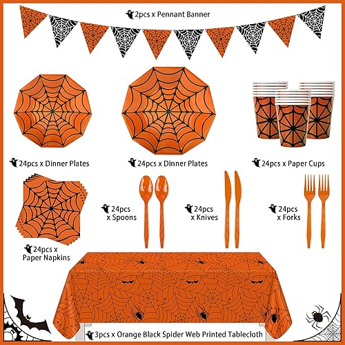 Miniatura 2 de 173 piezas de tela de araña de Halloween, suministros de telaraña naranja, juego de vajilla desechable para 24 platos de papel, servilletas, vasos,