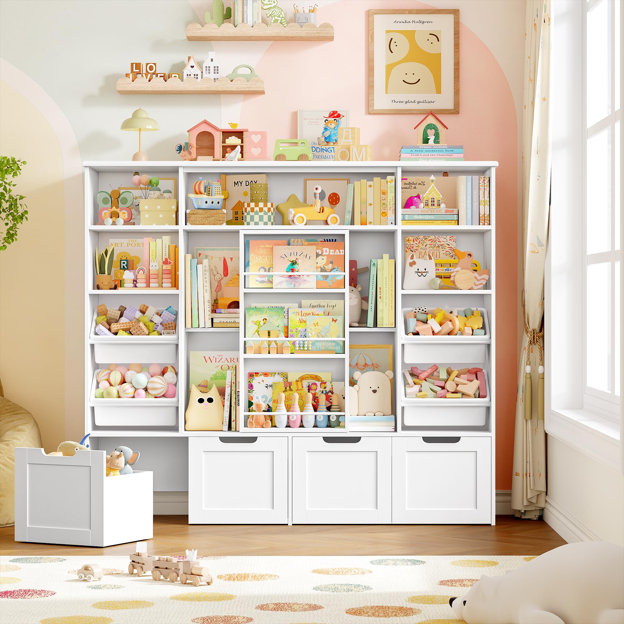 FOREHILL Meuble Rangement Enfant, Porte Coulissante, Bac Plastique Amovible