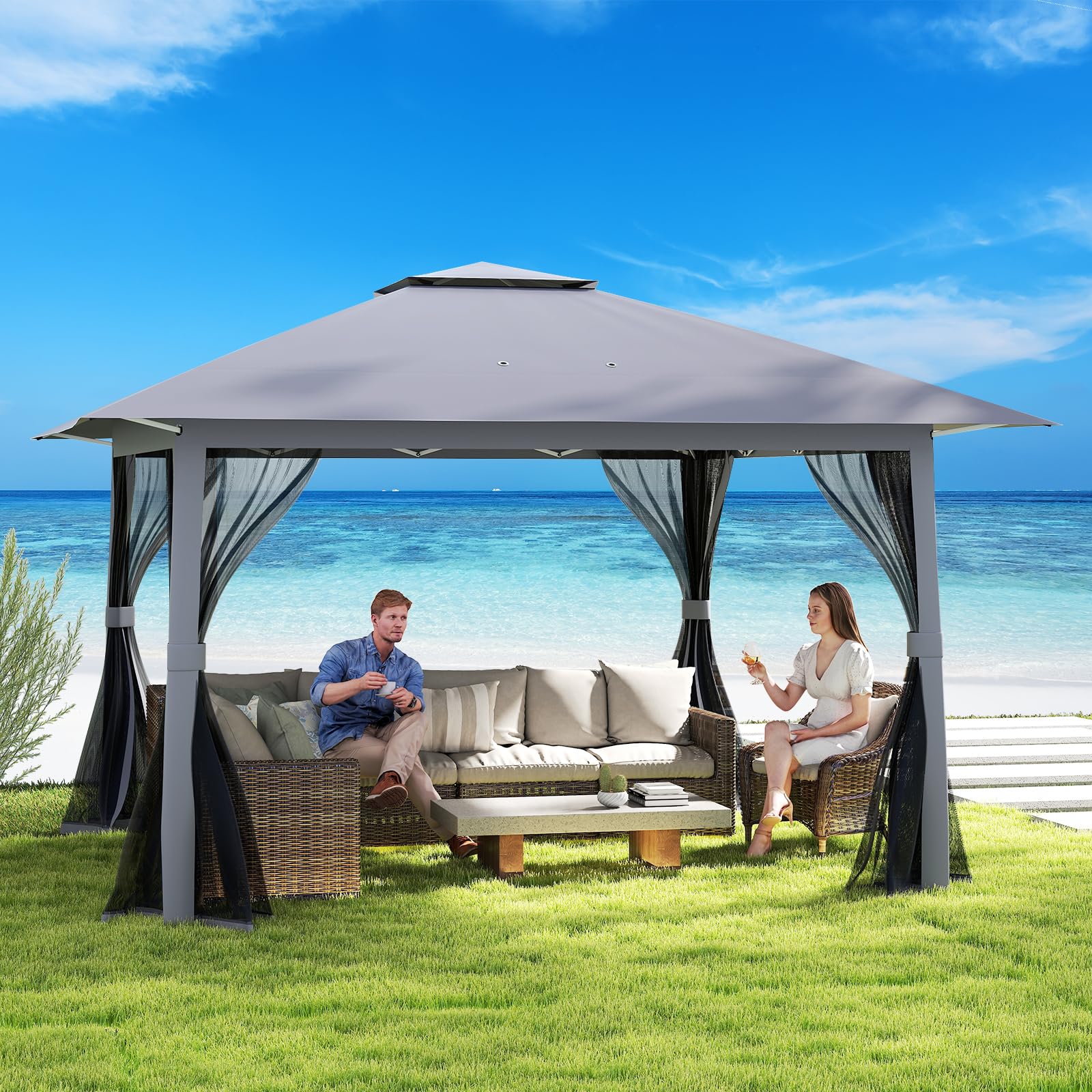 COSTWAY Pavillon 4x4 m, Pop Up Faltpavillon mit 4 Moskitonetz & Doppeldach & Metallrahmen, Wasserdicht & Stabil & Winterfest, Gartenpavillon inkl. Tragetasche, Partyzelt für Terrasse Garten, Grau
