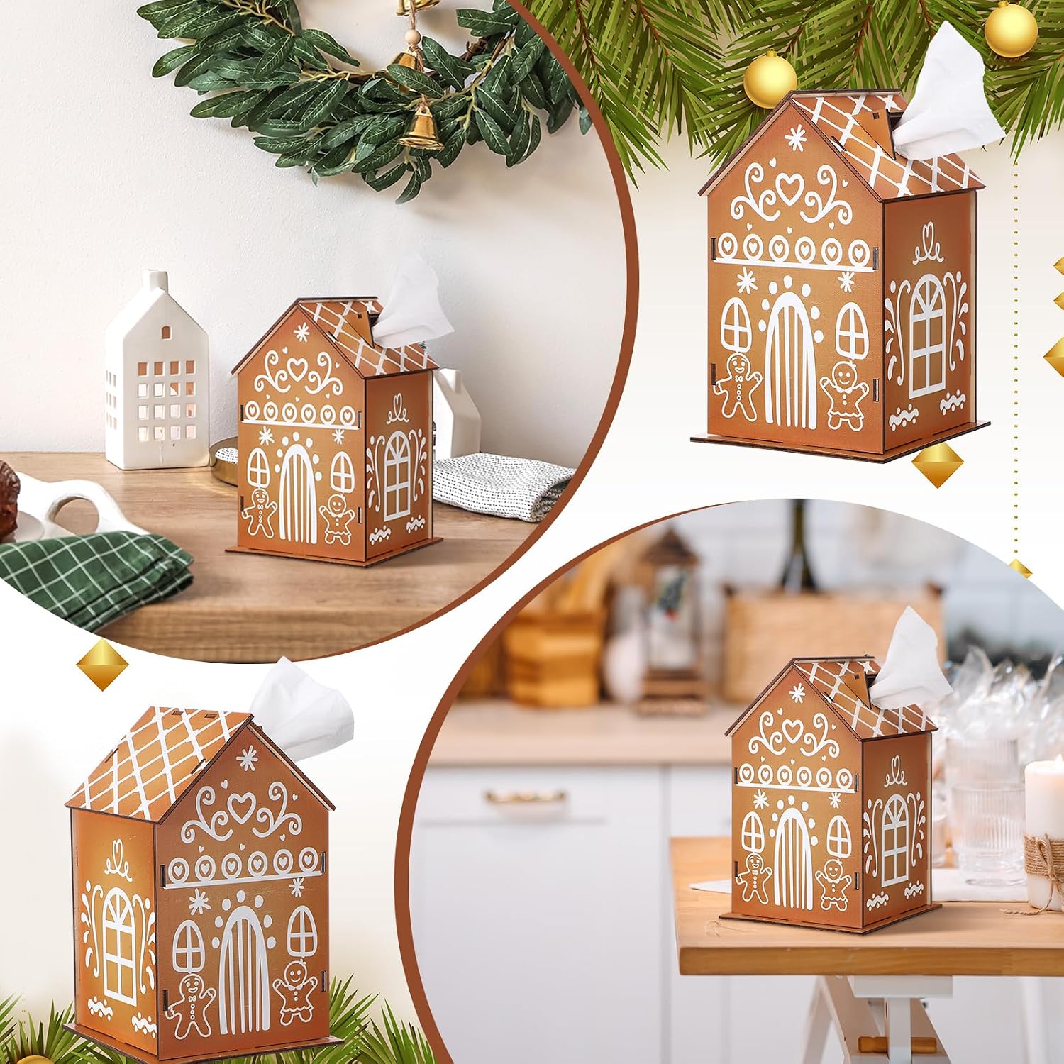 Geiserailie Christmas Gingerbread House Tissue Box Cover 9"x6"x6" Wooden Farmhouse Tissue Holder Decor Rustic Vintage DIY Waterproof Napkin Organizer Holder for Bedroom Dresser Night Stand Office