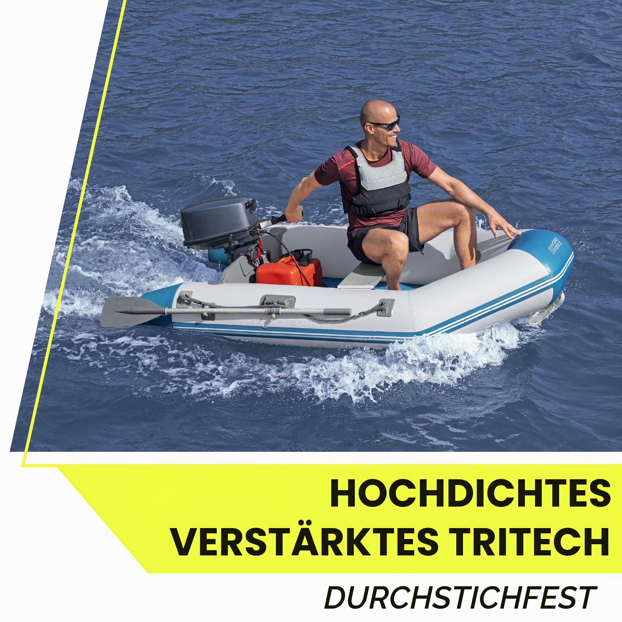 Bestway Hydro Force Sportboot-Set Caspian, 230 x 130 x 33 cm, 2 Erwachsene, bis 280 kg, 3 Luftkammern, TriTech-Material, Fester FortiFiber-Boden, Ruder, Pumpe, Aluminium-Sitzbank, Motorhalterung
