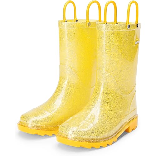 DREAM PAIRS Kids Rain Boots Glitter Boys Girls with Easy-on Handles Sparkly Waterproof Boots Outdoor Playing Rain Boots Unisex-Child