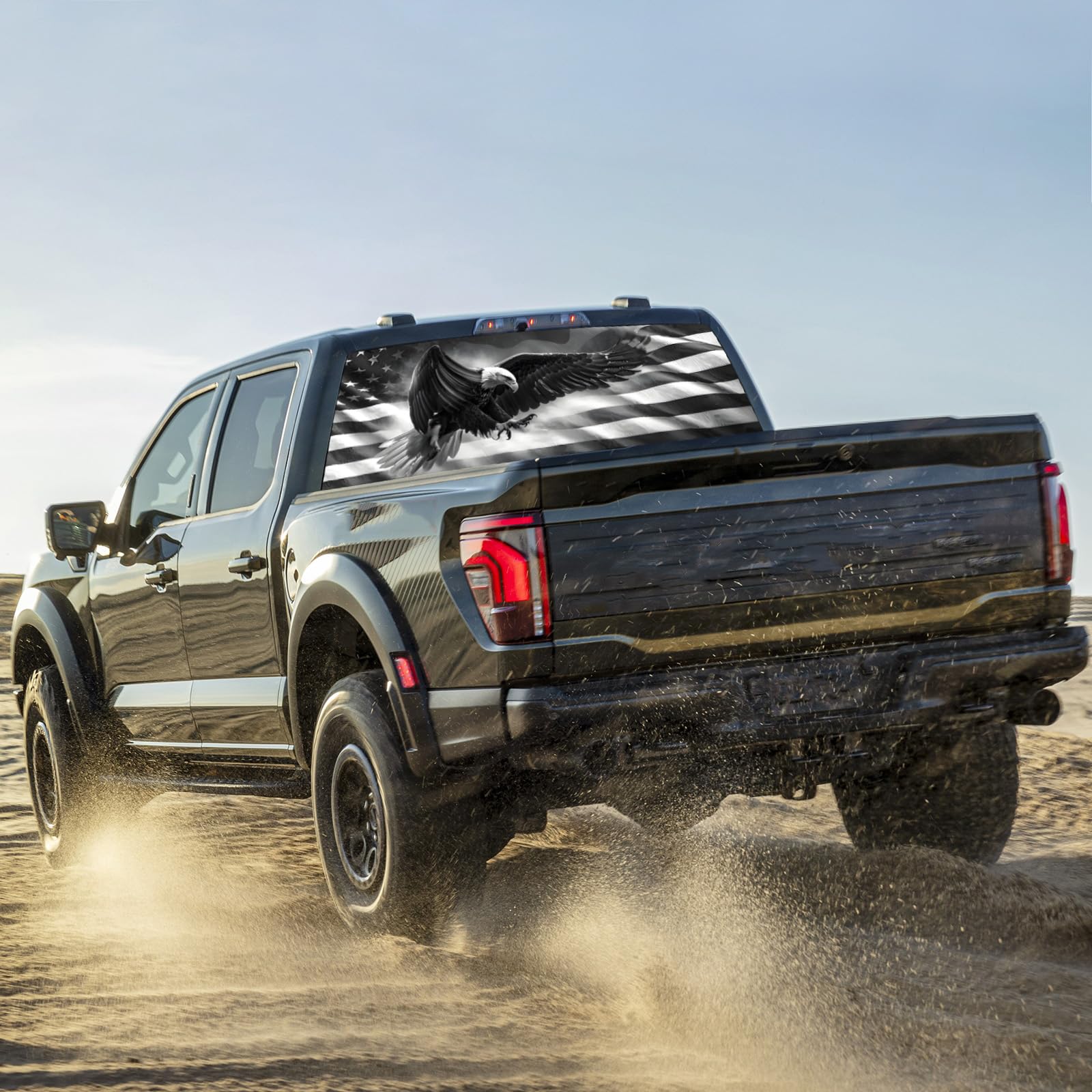 Calcomanías de ventana trasera para camionetas – 65 x 17.3 pulgadas, calcomanías de bandera estadounidense para la mayoría de camionetas, SUV, calcomanía de vinilo para ventana trasera de