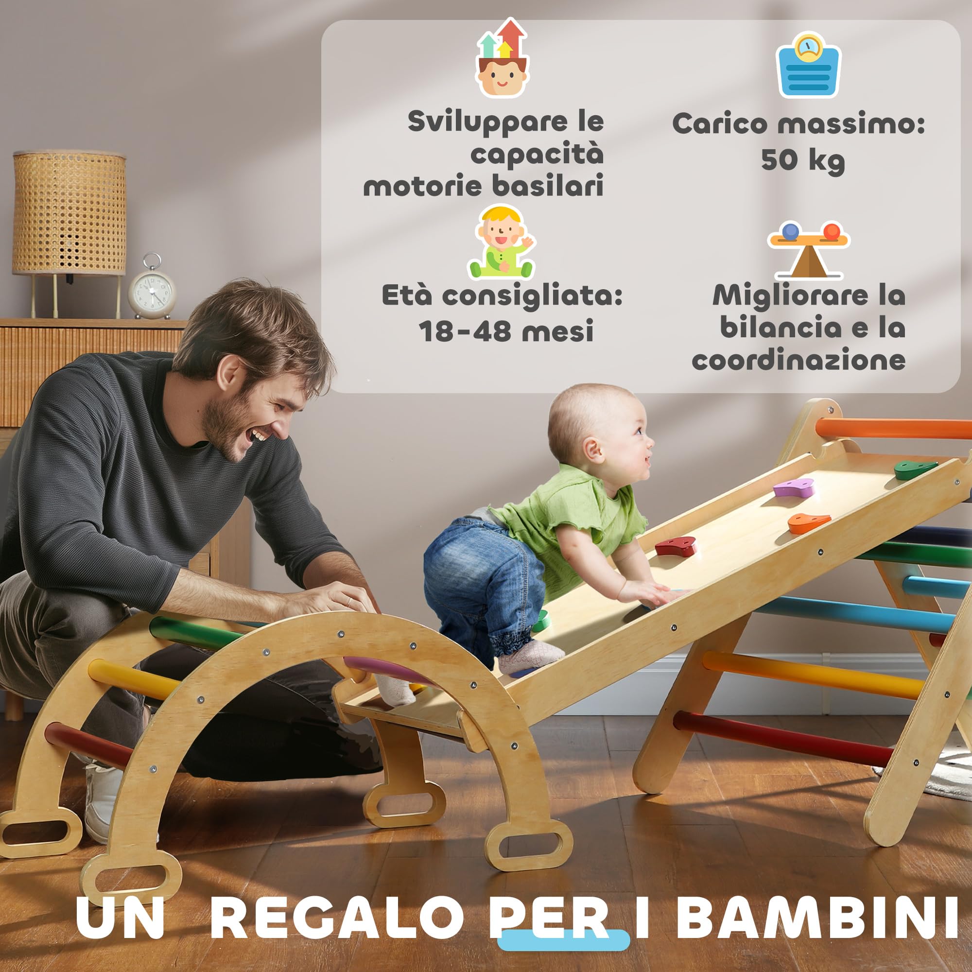 AIYAPLAY Gioco da Arrampicata 5 in 1 per 18-48 Mesi 178x64.5cm Multicolore | Gioco per Bambini, Pino Massello, Triangolo, Arco Montessori, Rampa con Pietre, Carico Massimo 50 kg