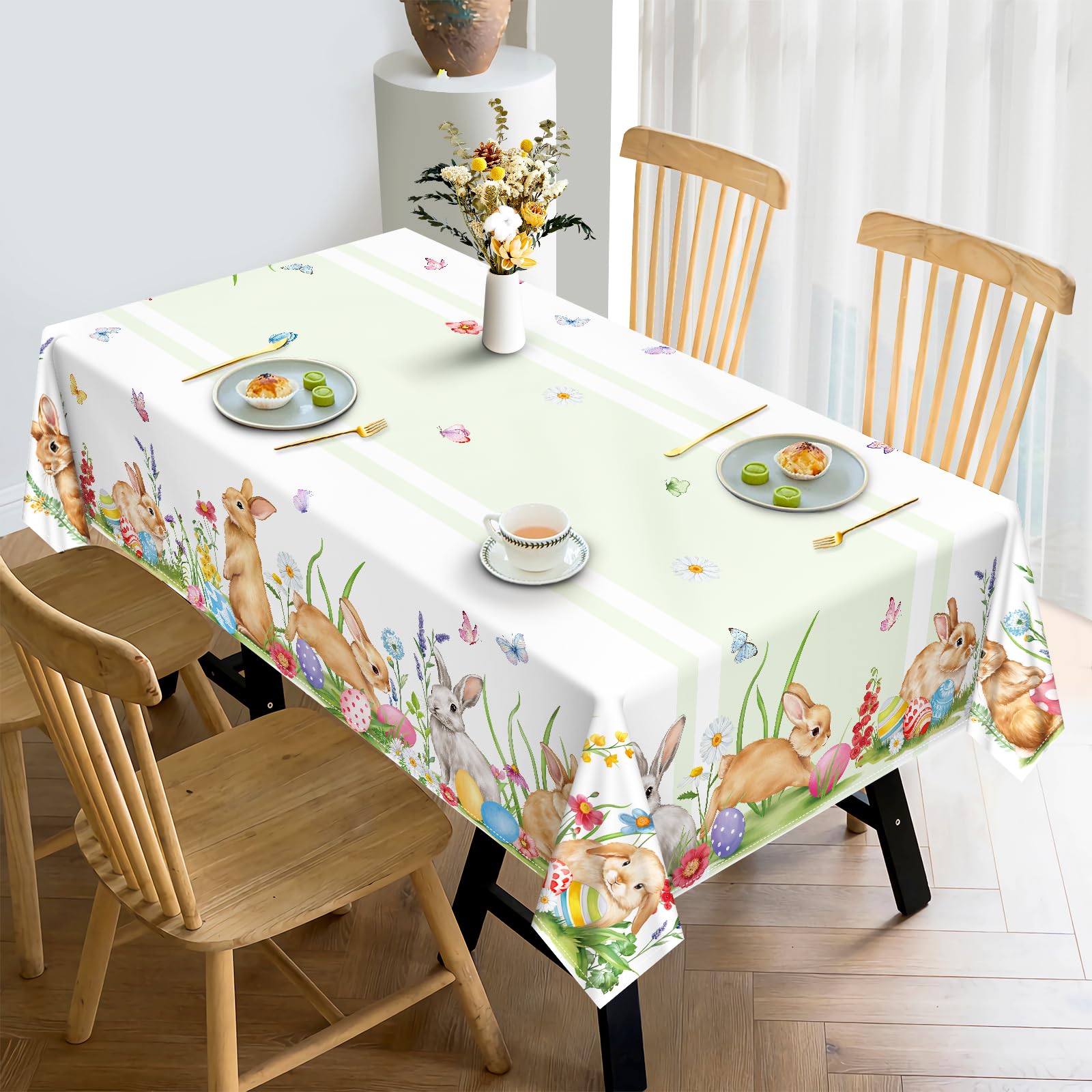Softalker Tovaglia Pasquale 6 posti 180x140 cm Rettangolare Tovaglia Antimacchia a Quadretti con Coniglietti e Uova Eleganza Perfetta per la Tavola Festiva per Primaverile Compleanno,Esterno,Picnic