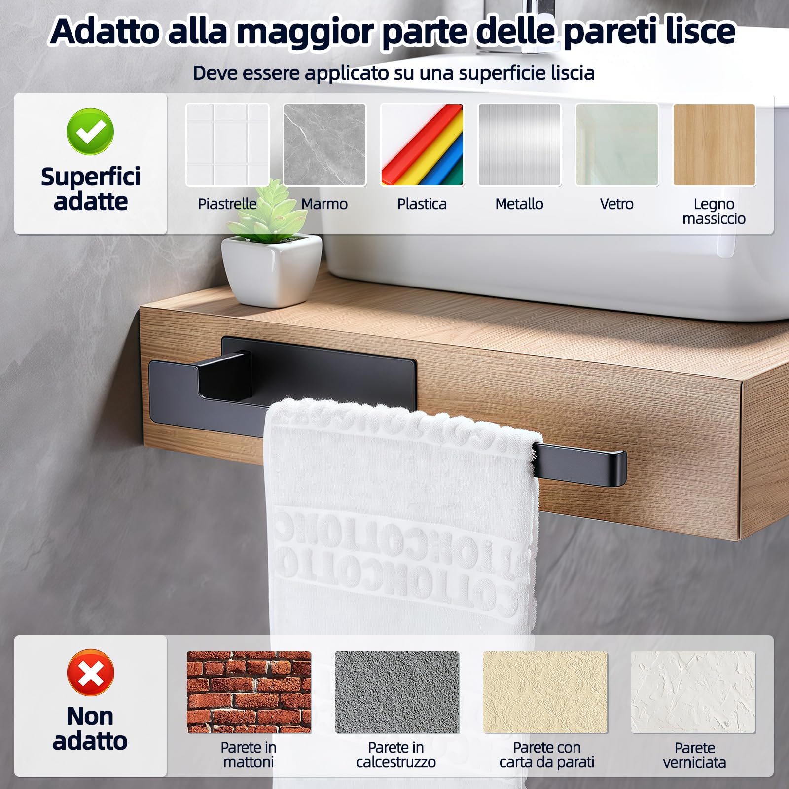 Porta Asciugamani Bagno Nero Opaco Adesivo Senza Fori - Portasciugamani da Parete 33 cm Acciaio Inox 304 Autoadesivo Forte Impermeabile per Bagno e Cucina - silttble