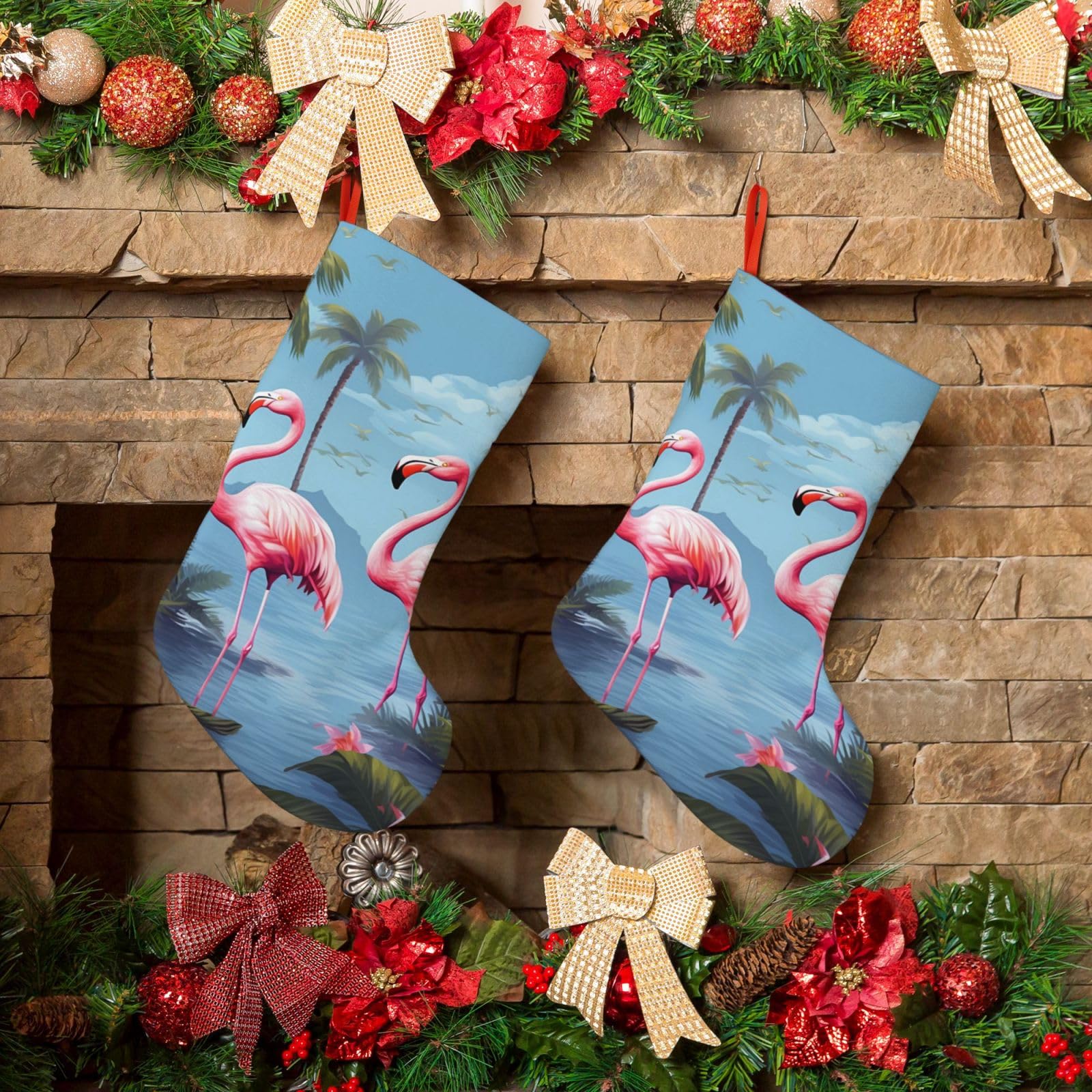 KLOPH Christmas Stockings 18" Personalized Xmas Stocking Tropical Flamingos Decoration Stocking Hanging Fireplace Stocking for Holiday Xmas Tree Christmas Fireplace Decor