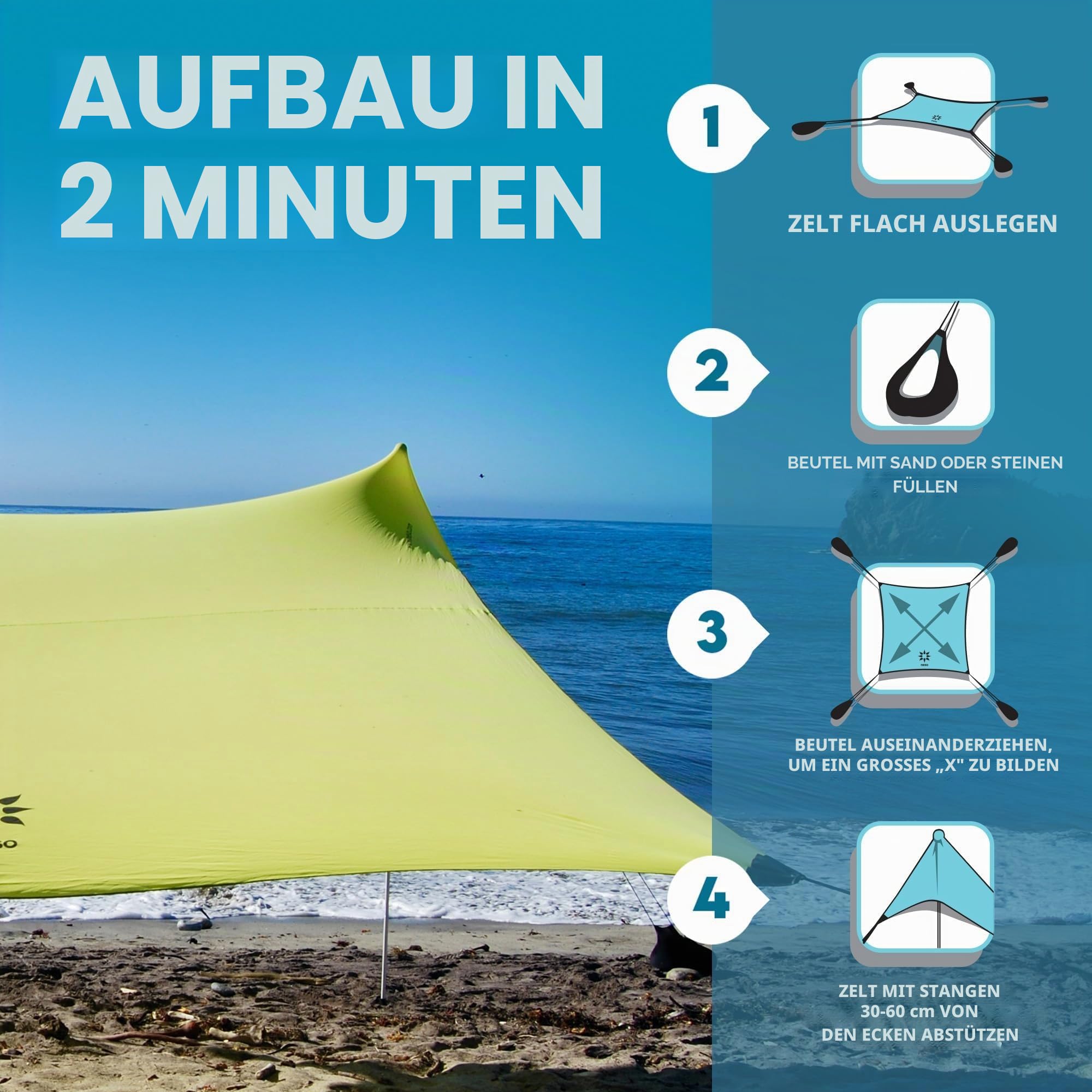Neso Riesiges Strandzelt, 2,5 m Höhe, 3,4 m x 3,4 m (11 Fuß), verstärkte Ecken und eine kühlere Tasche (Limon) Sport & Freizeit
