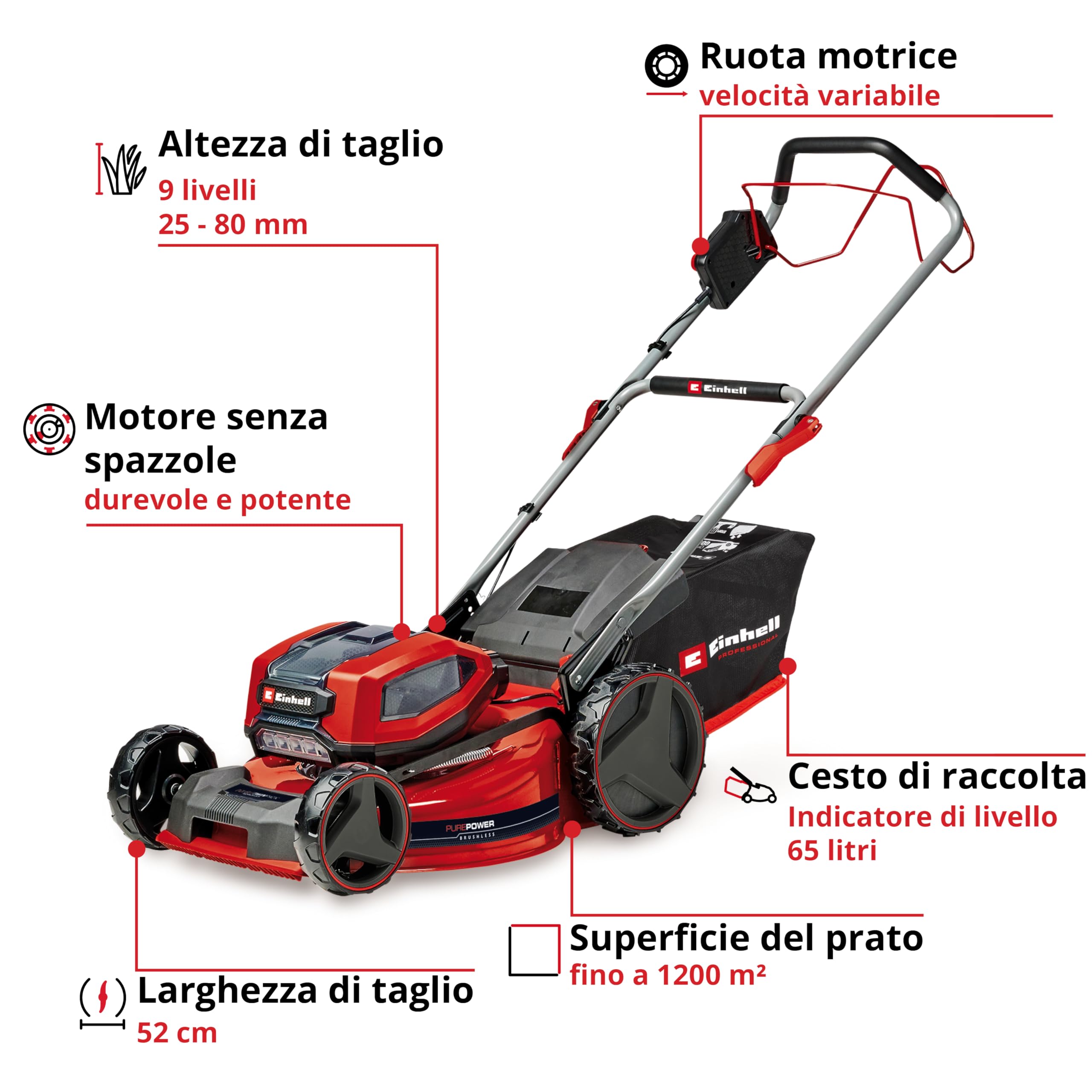 Einhell tosaerba GP-CM 36/52 S Li BL Kit Power X-Change (36 V, larghezza di taglio 52 cm, fino a 1200 m², Brushless, cesto da 65 litri, ruota motrice, incl. 4 batt. da 5,2 Ah + 2 Twincharger)