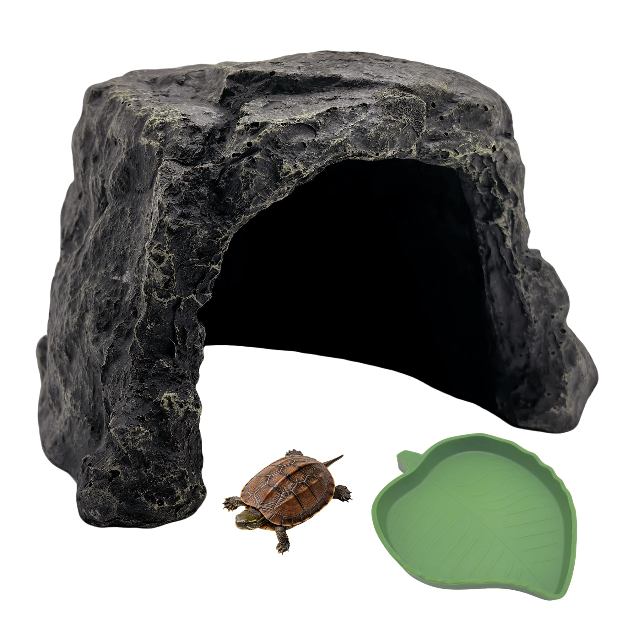 M2cbridge Aquarium Fish Hide Cave Reptile Hideout Cave Terrarium Amphibians Habitat Decor with Water Dish Black Rock Resin